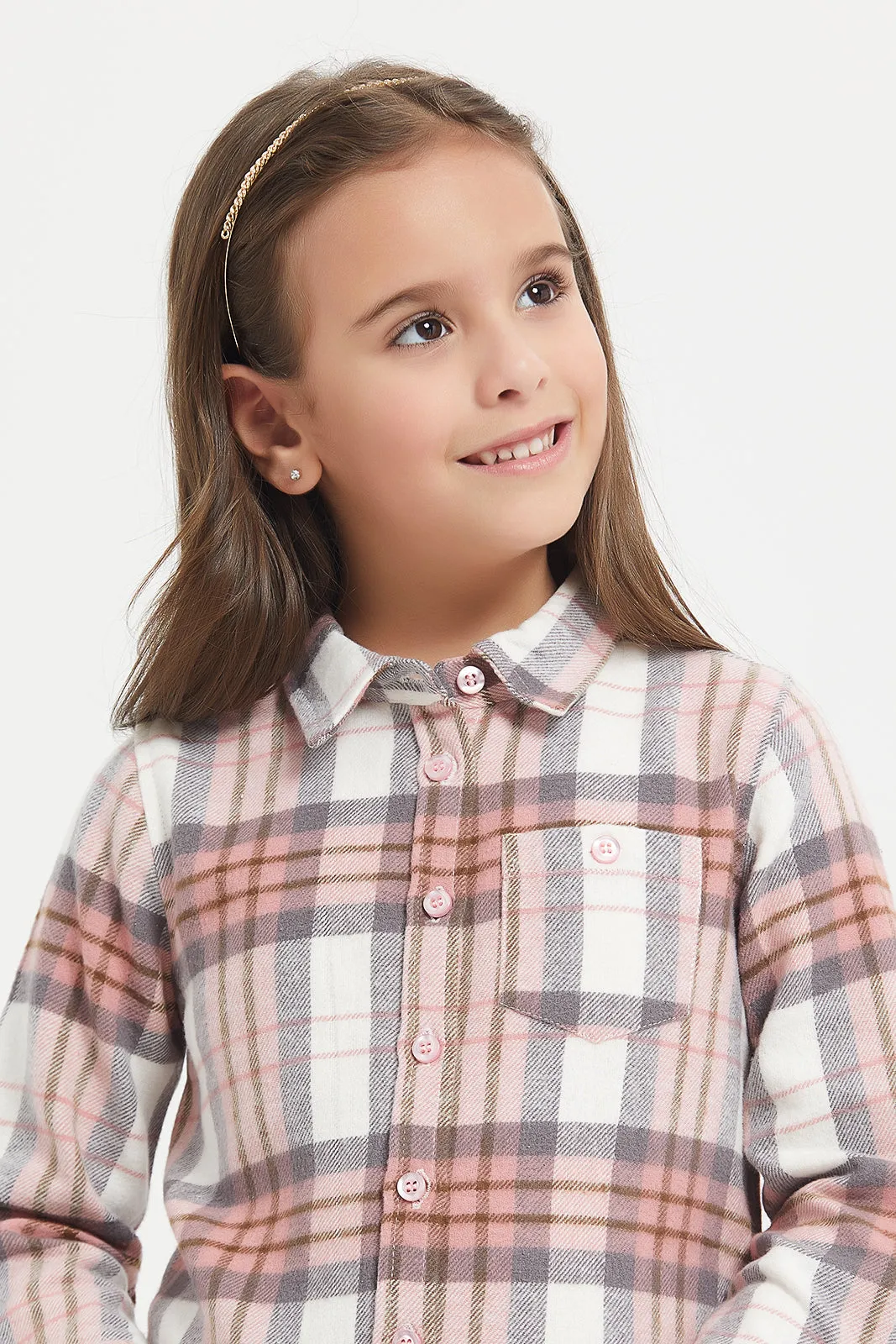 Girls Peach Check Collar Shirt