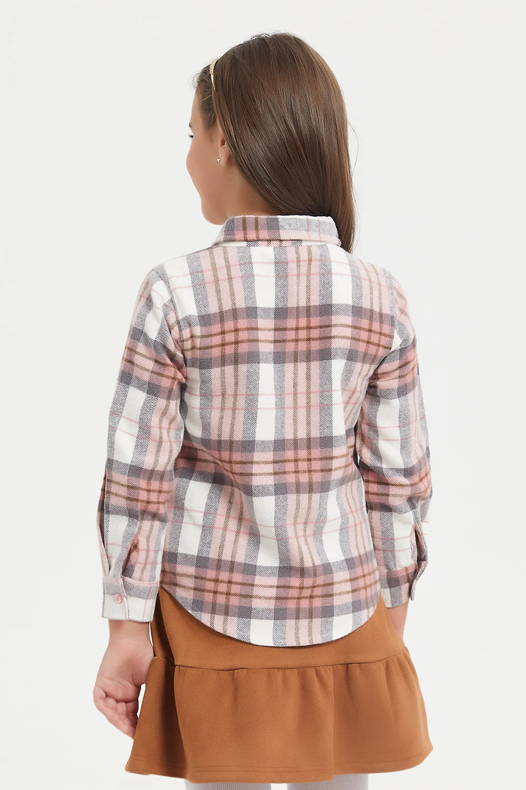 Girls Peach Check Collar Shirt