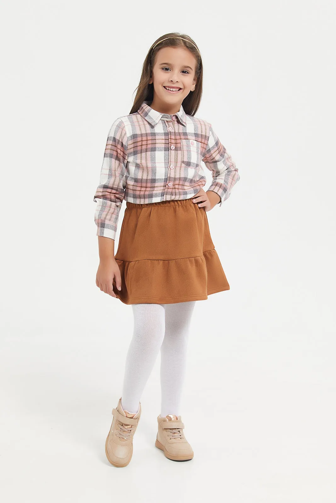 Girls Peach Check Collar Shirt