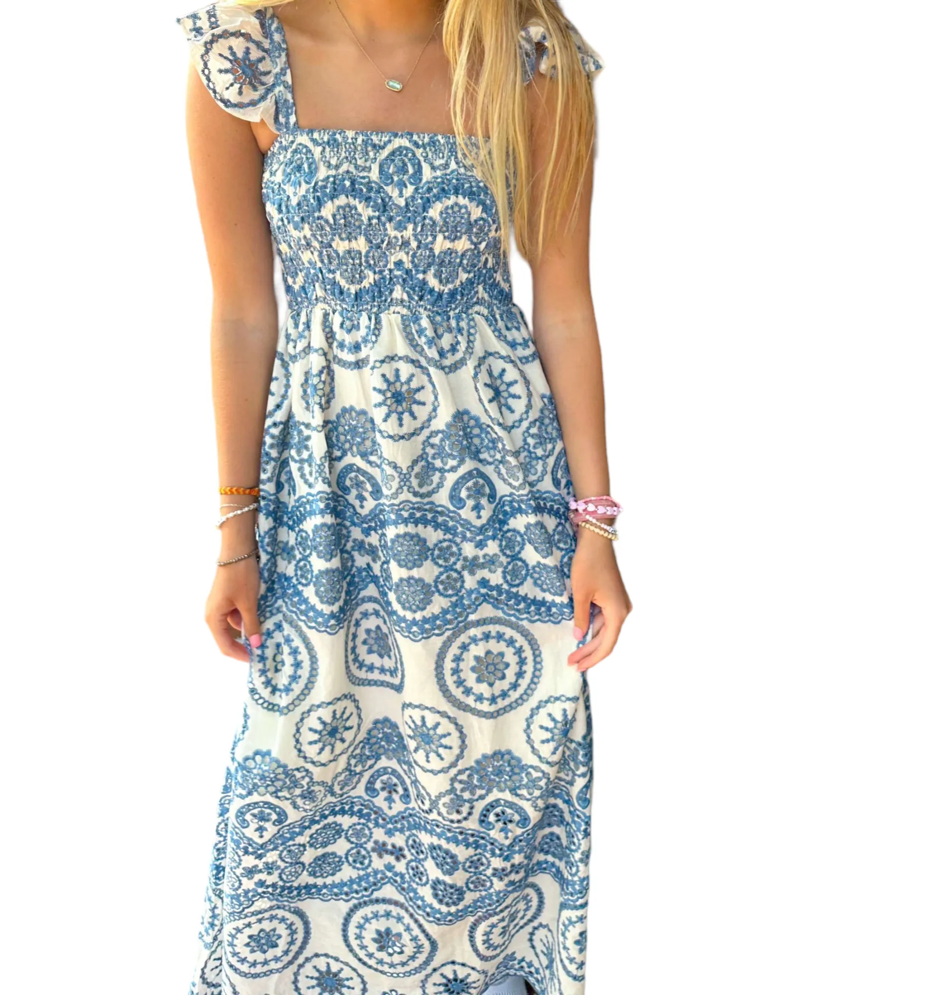 Gracie's Whimsical Elegance: Backless Blue Embroidered Maxi Dress