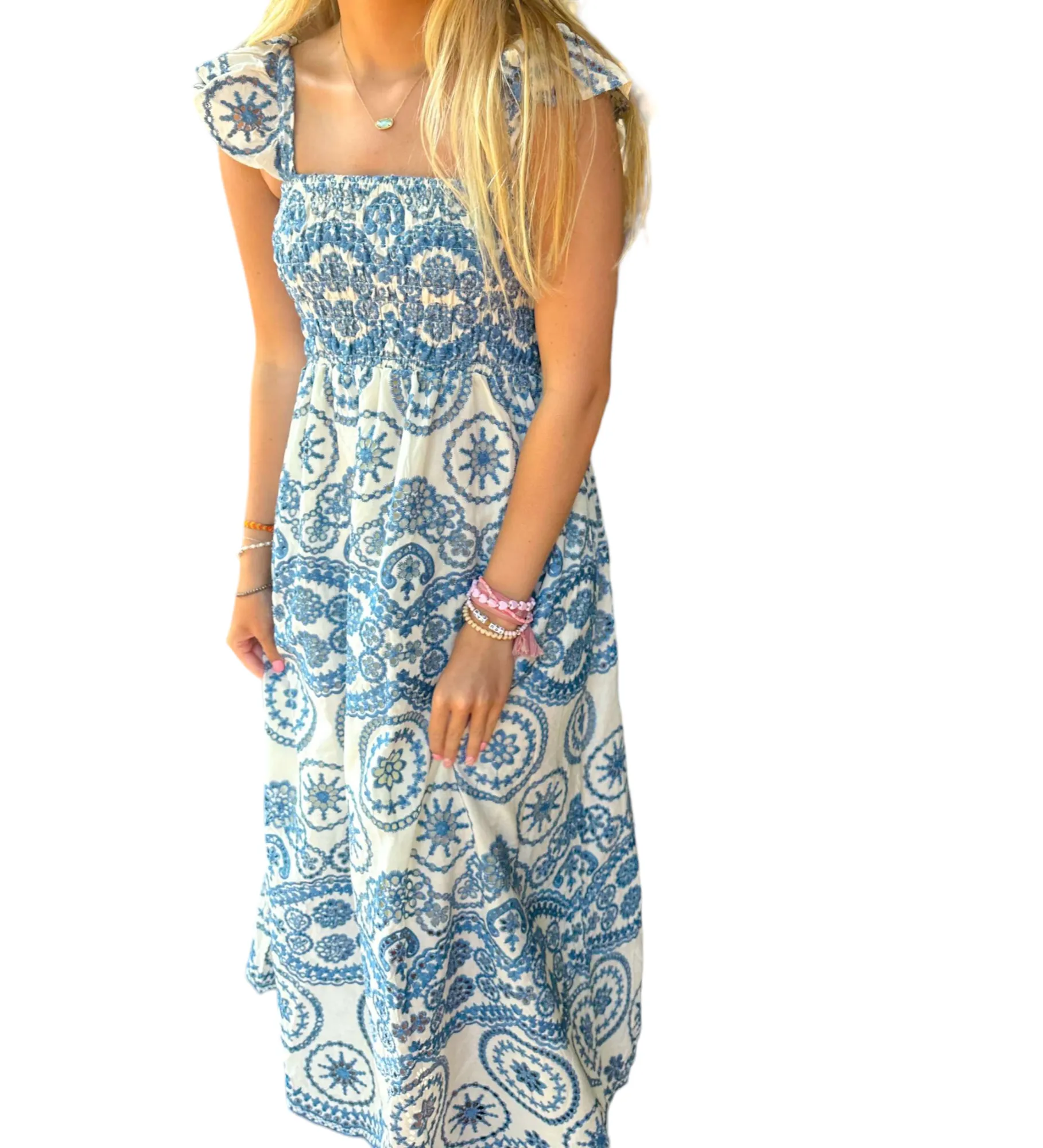 Gracie's Whimsical Elegance: Backless Blue Embroidered Maxi Dress