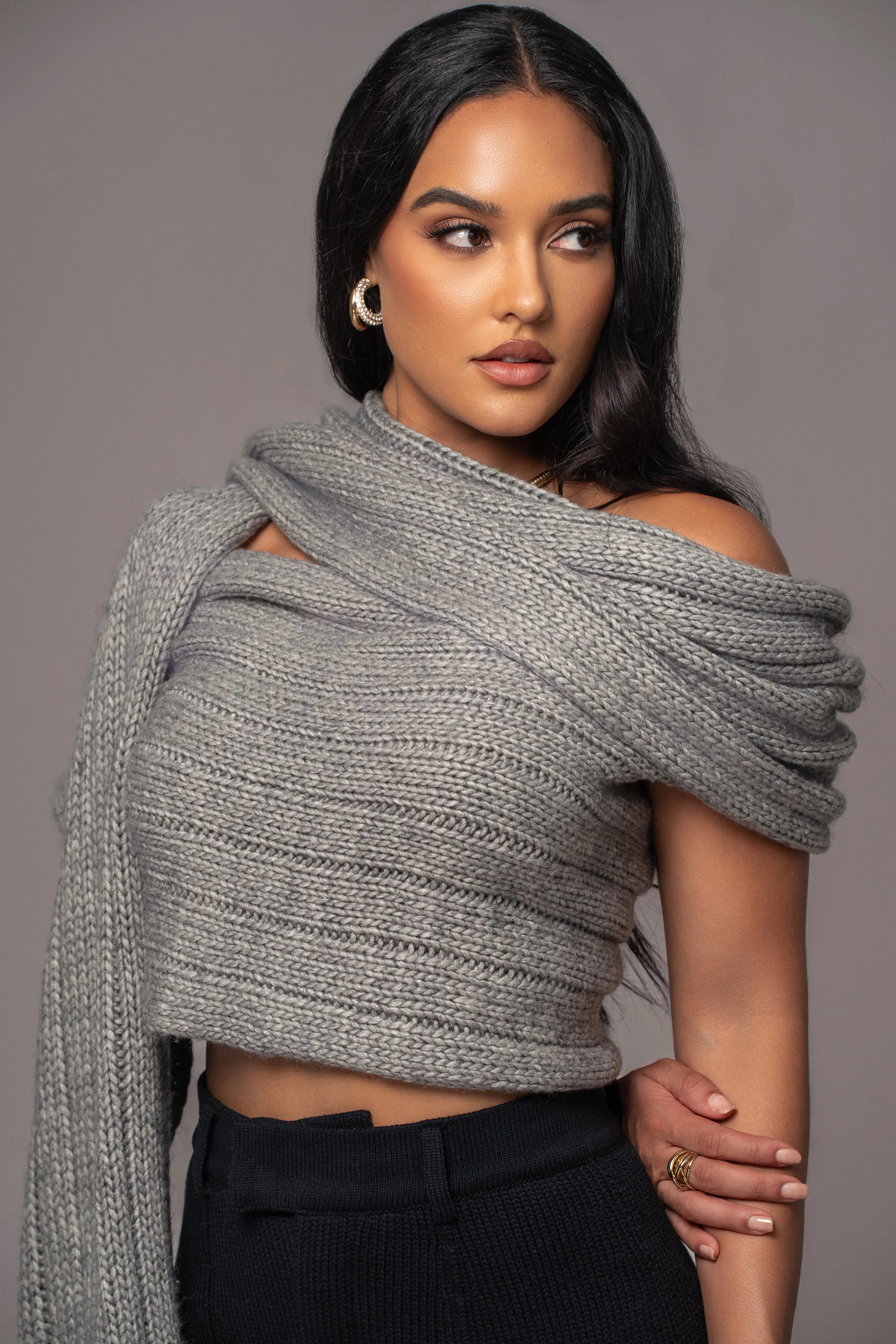 Grey Soft Life Cable Knit Sweater Top