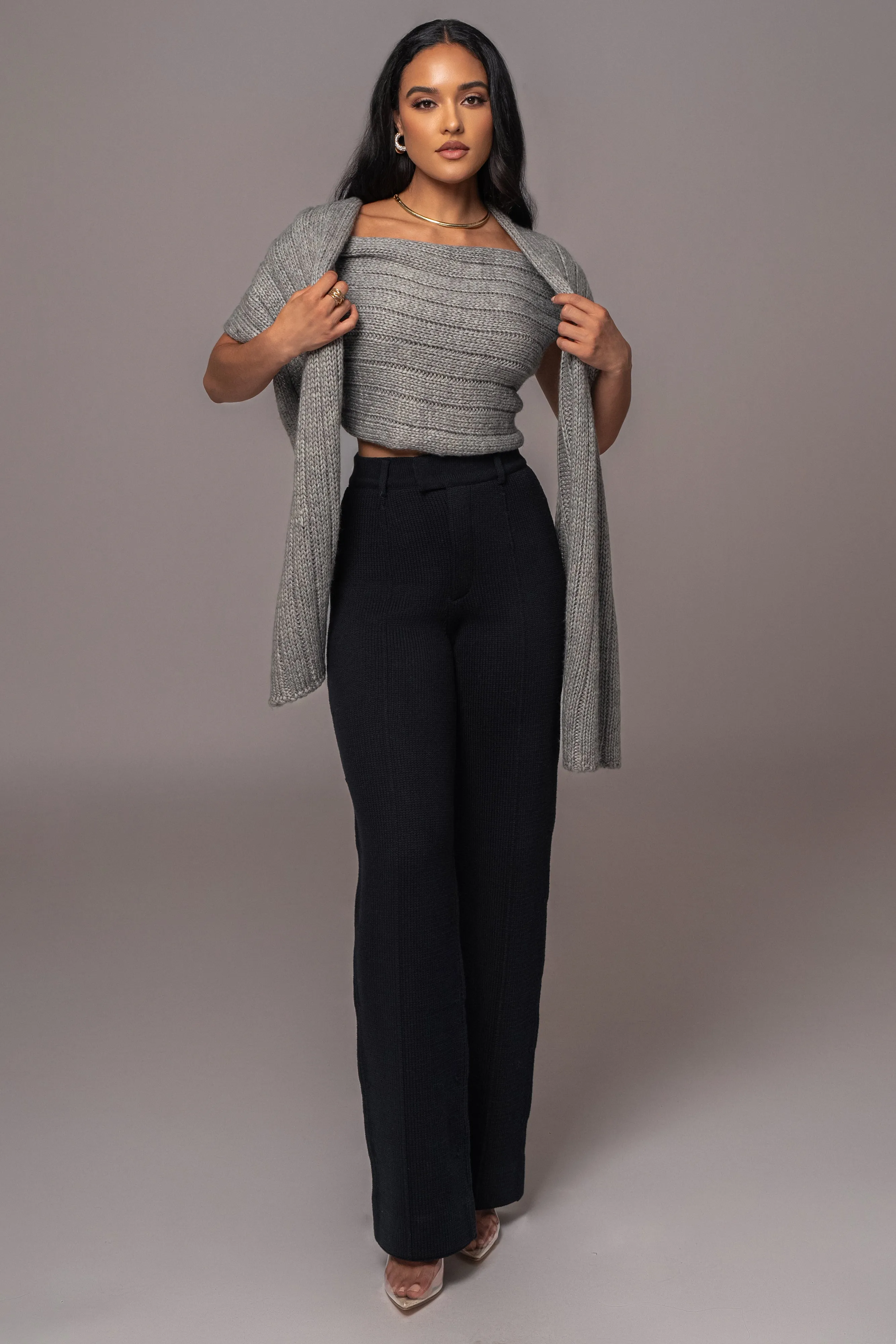 Grey Soft Life Cable Knit Sweater Top