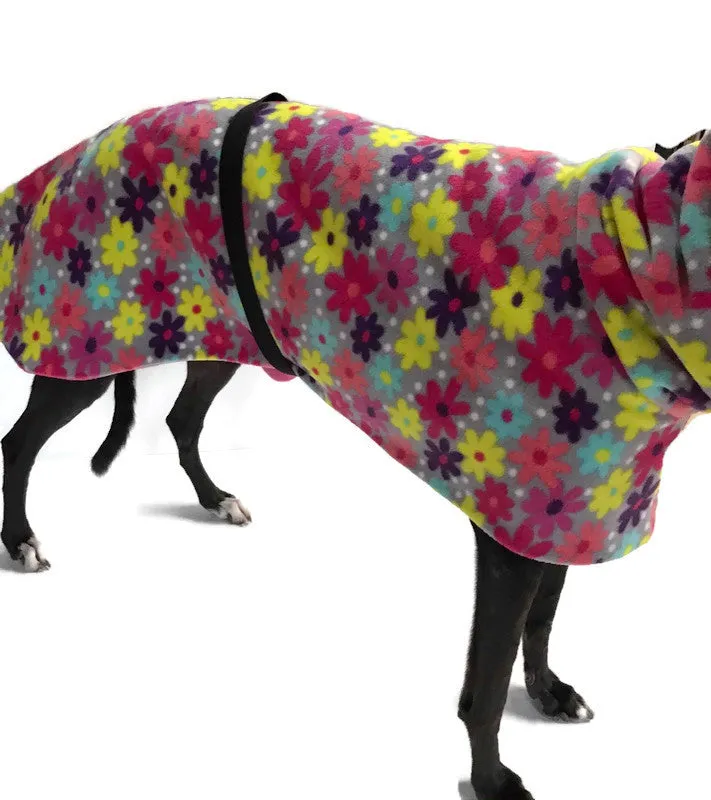 Greyhound coat in deluxe style with wide collar in pretty floral polar fleece washable