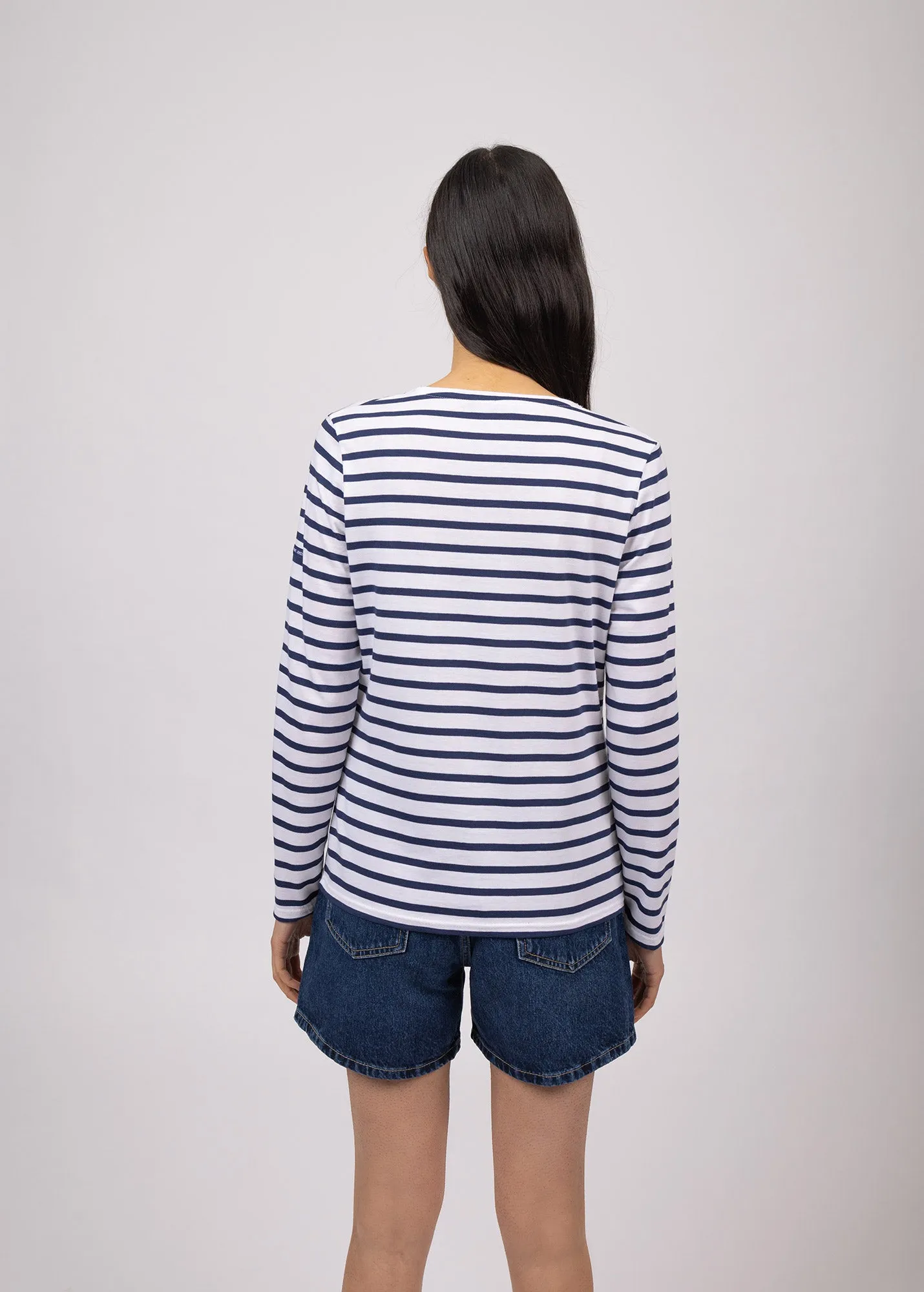 Hoedic V neck sailor striped shirt - long sleeves, in cotton (NEIGE/MARINE)