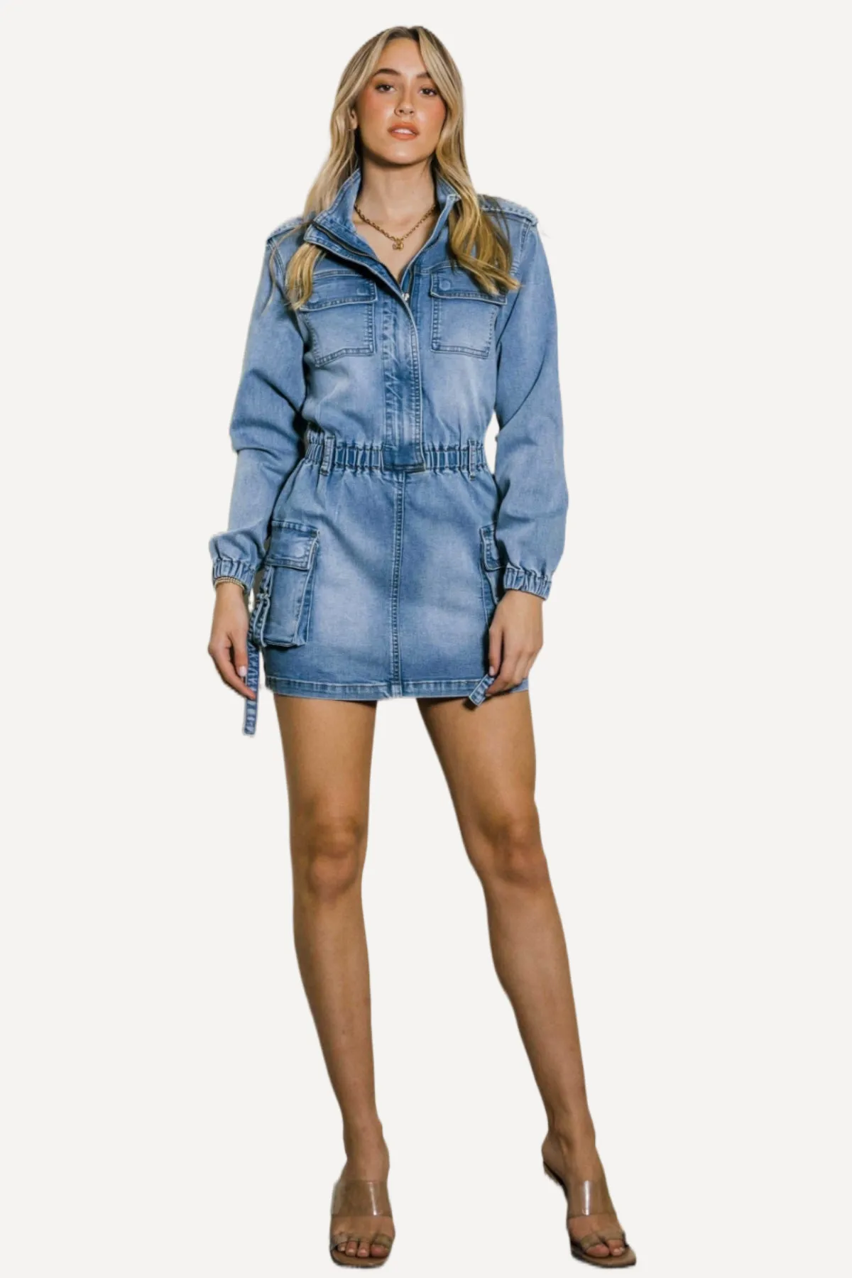 Juniors Long Sleeve Denim Mini Dress