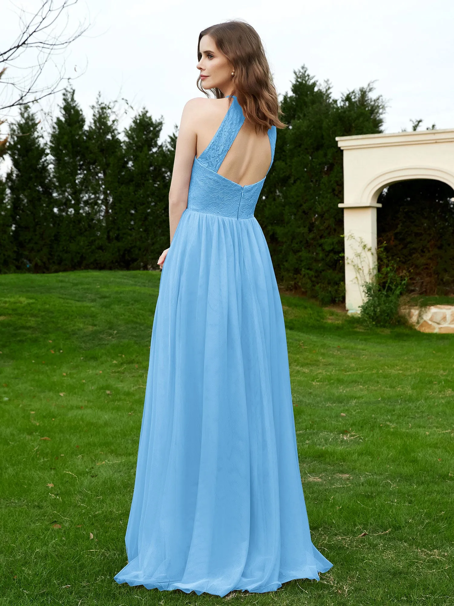 Lace Tulle Bridesmaid Gown Halter Neckline Blue Plus Size