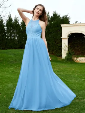 Lace Tulle Bridesmaid Gown Halter Neckline Blue Plus Size