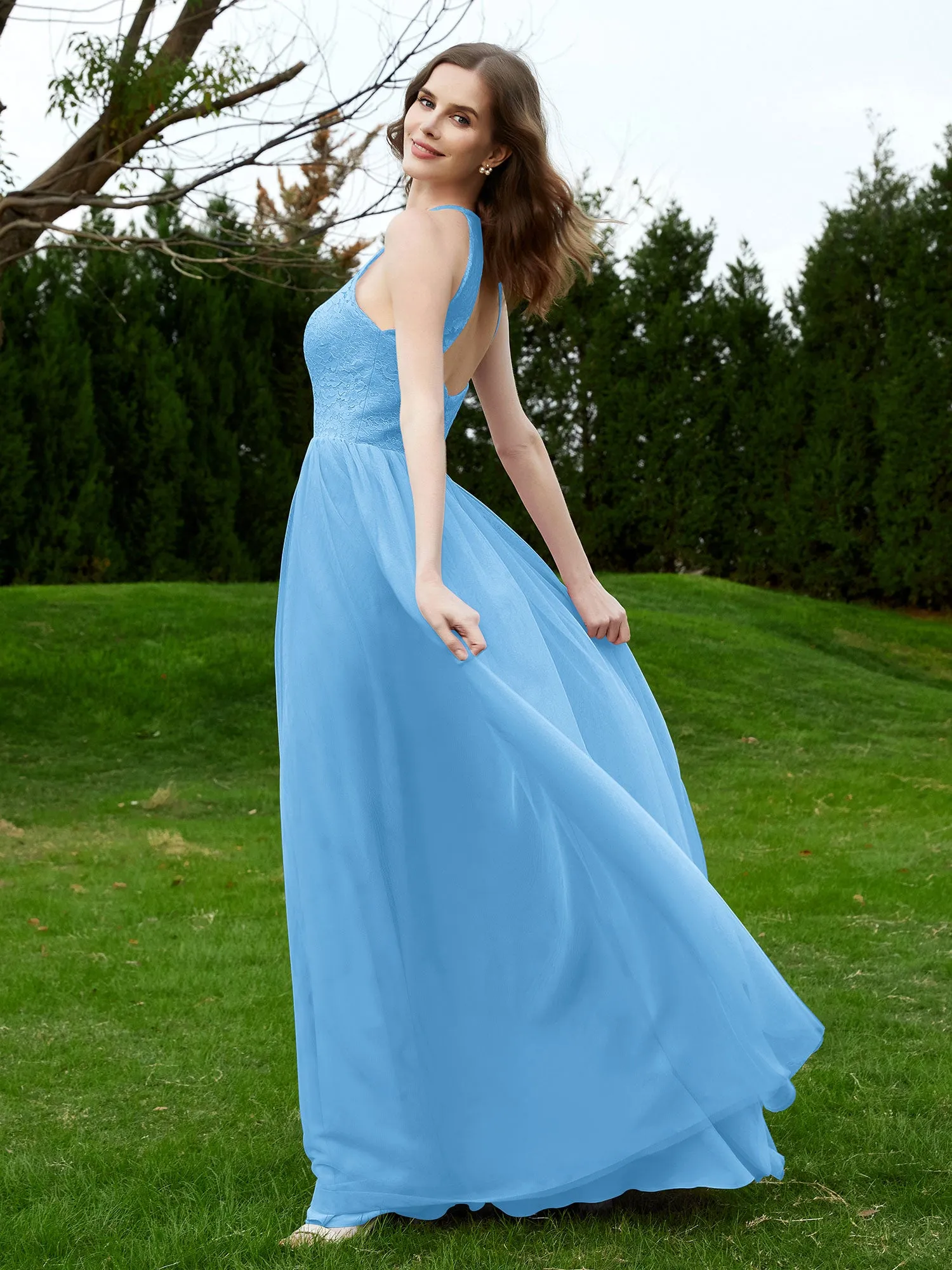 Lace Tulle Bridesmaid Gown Halter Neckline Blue Plus Size