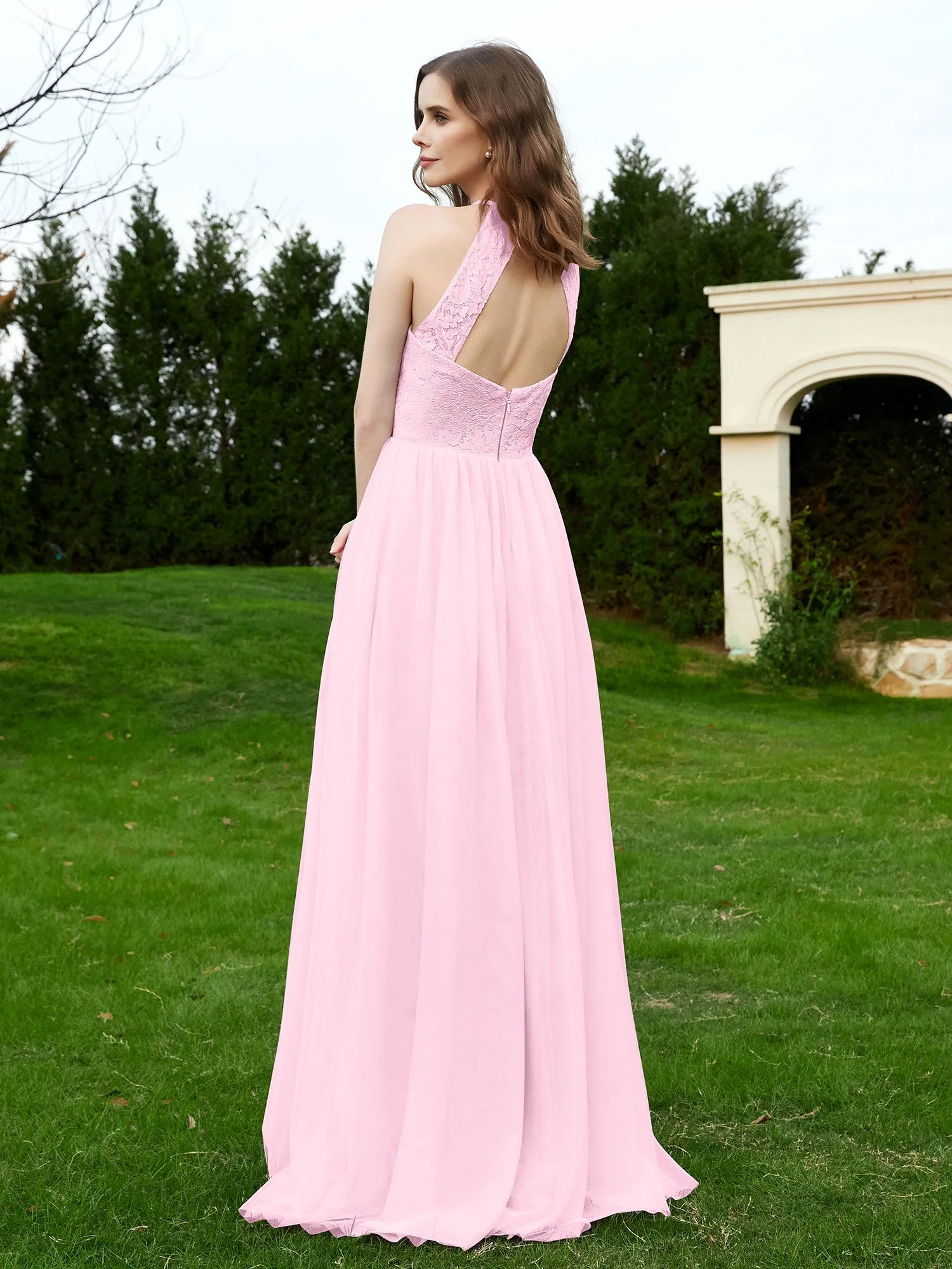 Lace Tulle Bridesmaid Gown Halter Neckline Blushing Pink Plus Size