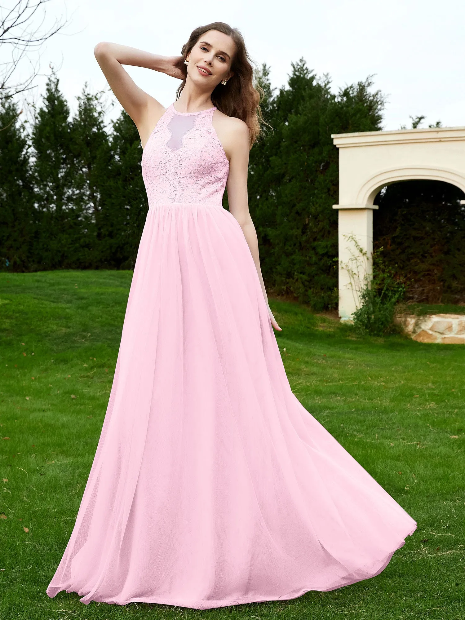 Lace Tulle Bridesmaid Gown Halter Neckline Blushing Pink Plus Size