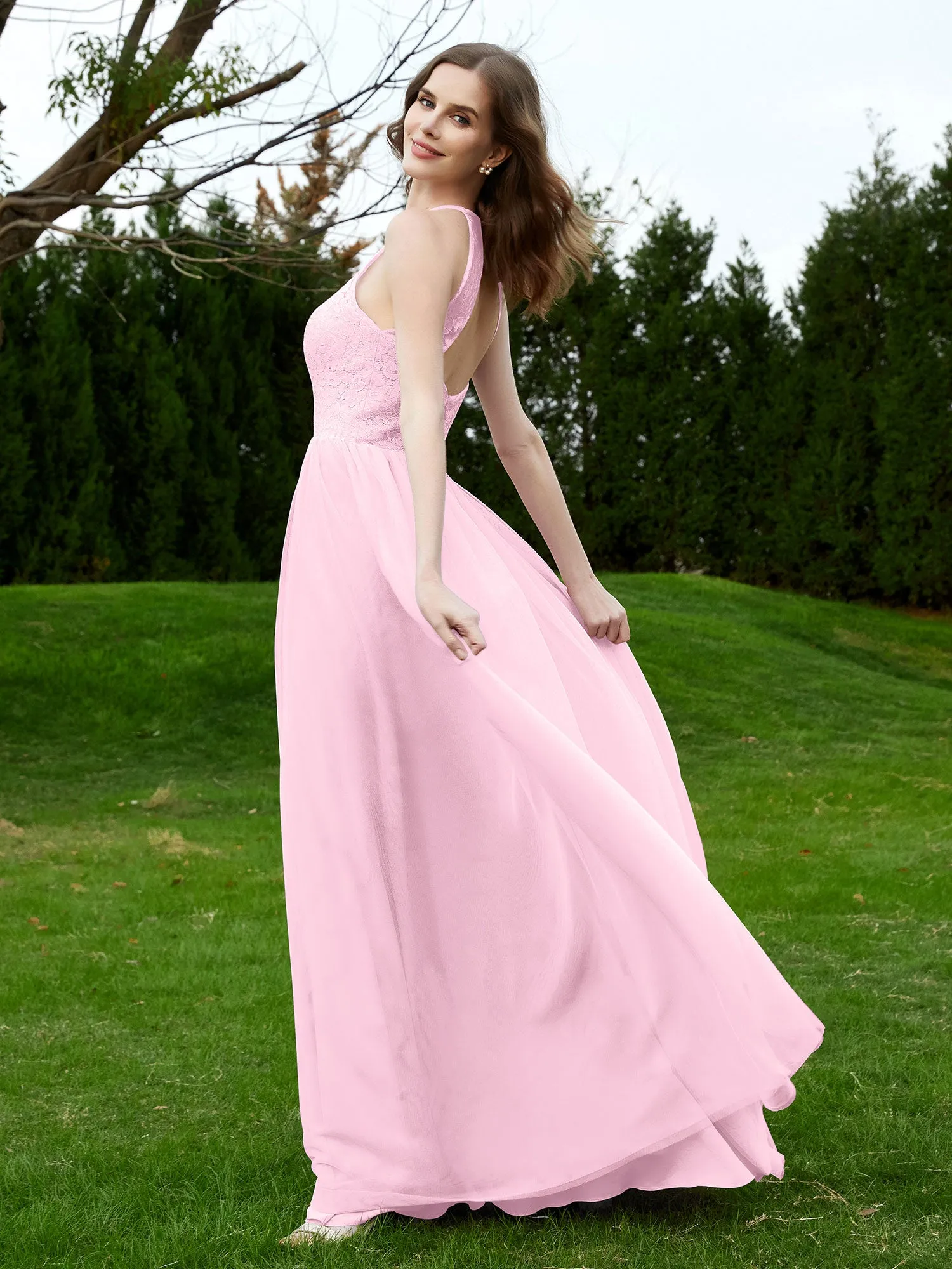 Lace Tulle Bridesmaid Gown Halter Neckline Blushing Pink Plus Size