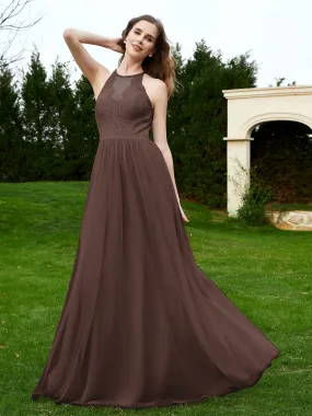 Lace Tulle Bridesmaid Gown Halter Neckline Chocolate