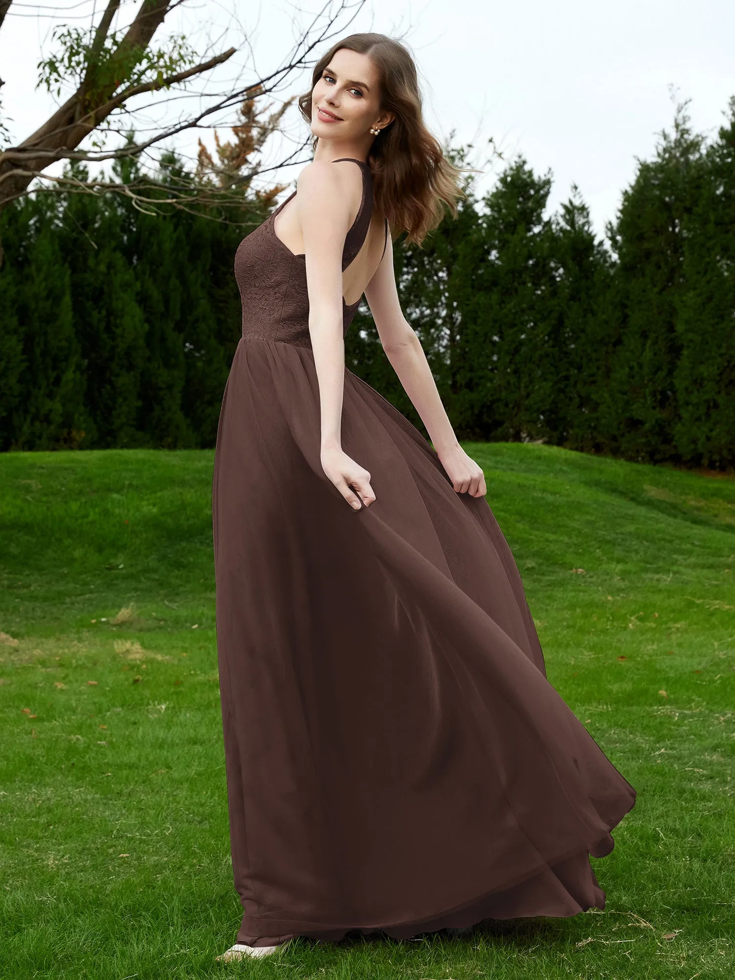 Lace Tulle Bridesmaid Gown Halter Neckline Chocolate