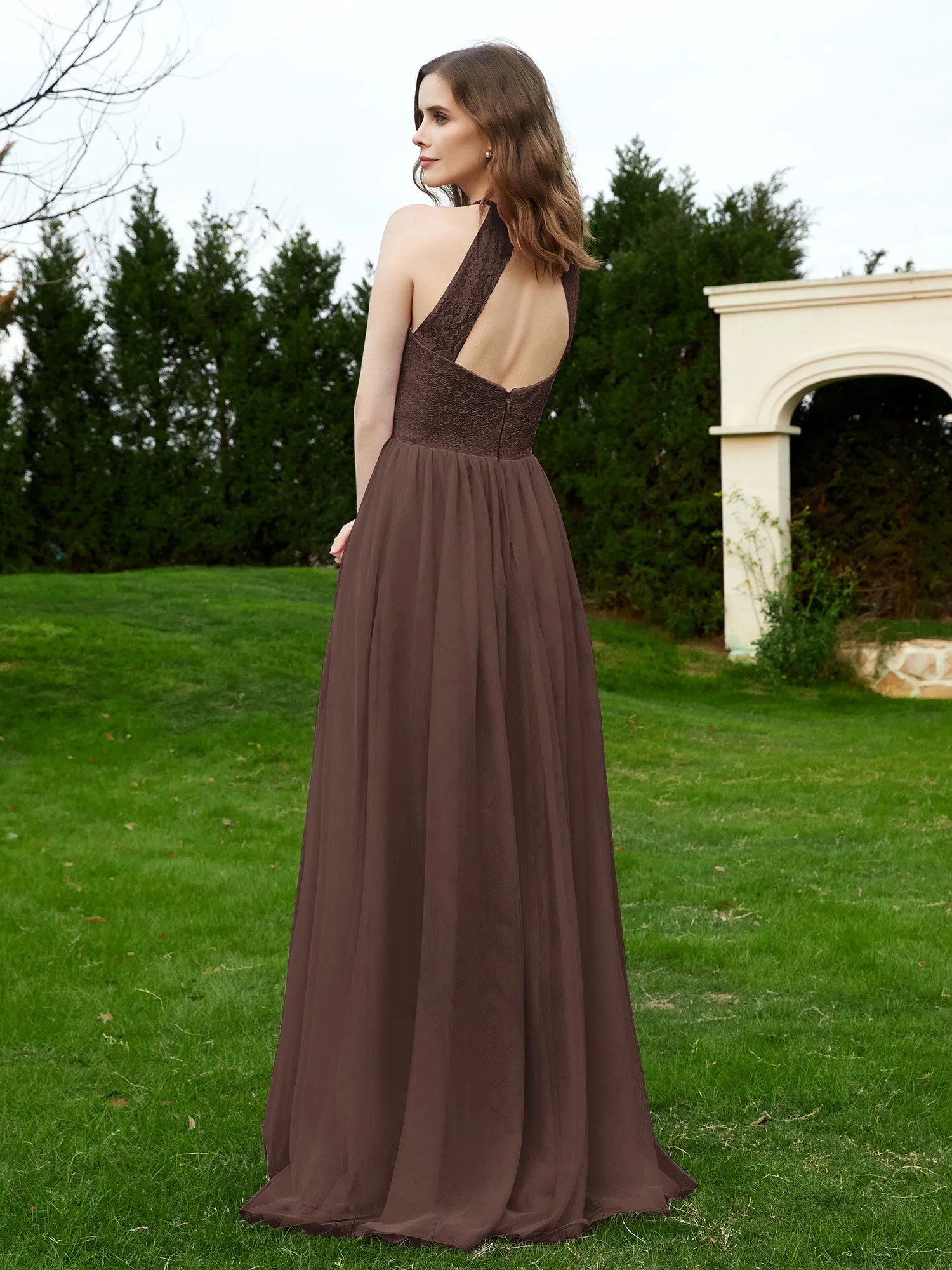 Lace Tulle Bridesmaid Gown Halter Neckline Chocolate