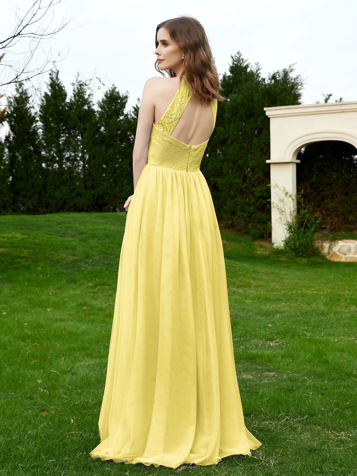 Lace Tulle Bridesmaid Gown Halter Neckline Daffodil Plus Size