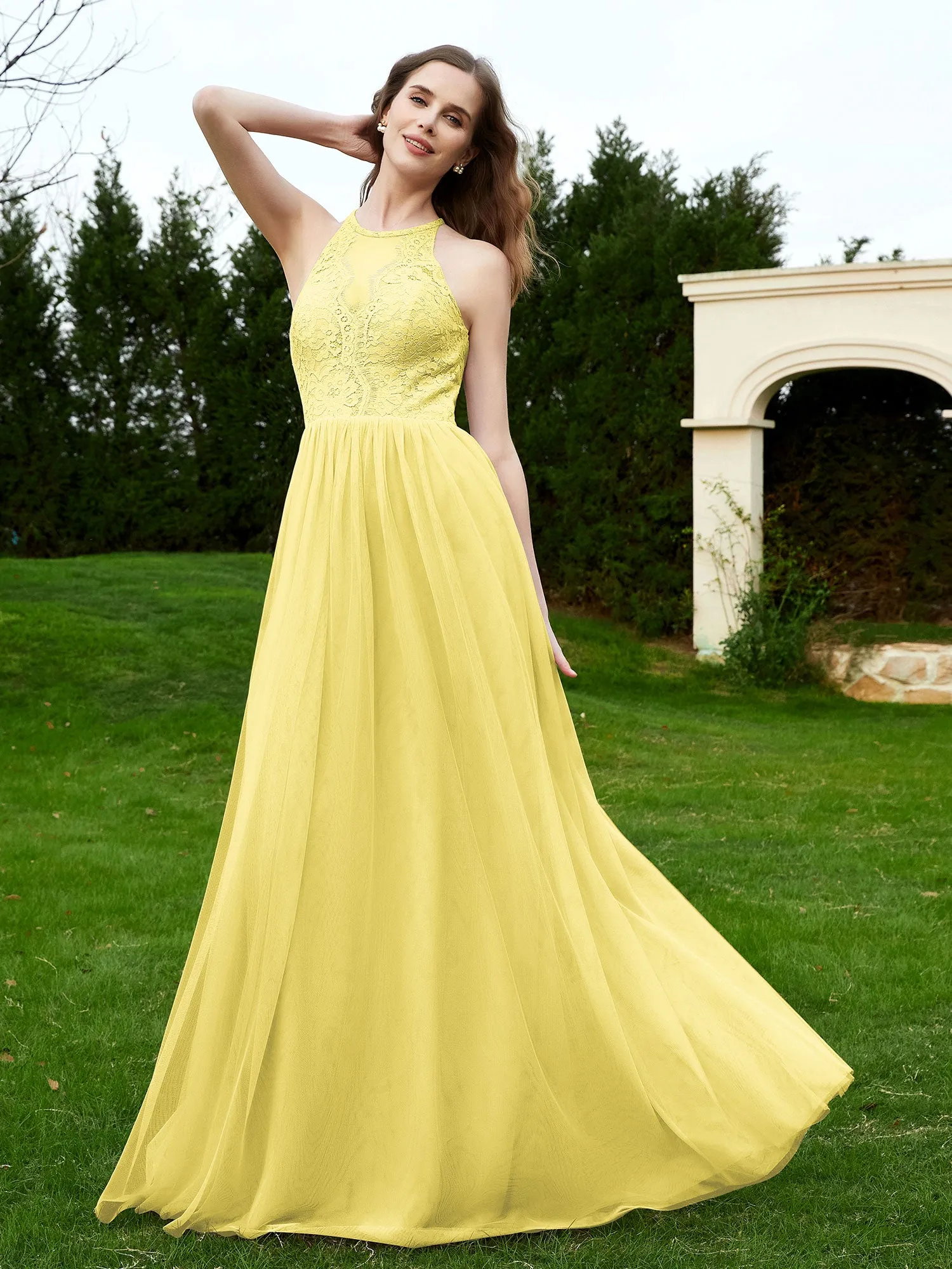 Lace Tulle Bridesmaid Gown Halter Neckline Daffodil Plus Size