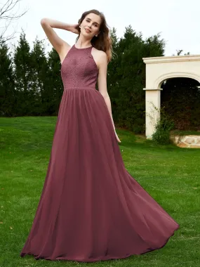 Lace Tulle Bridesmaid Gown Halter Neckline Mulberry Plus Size