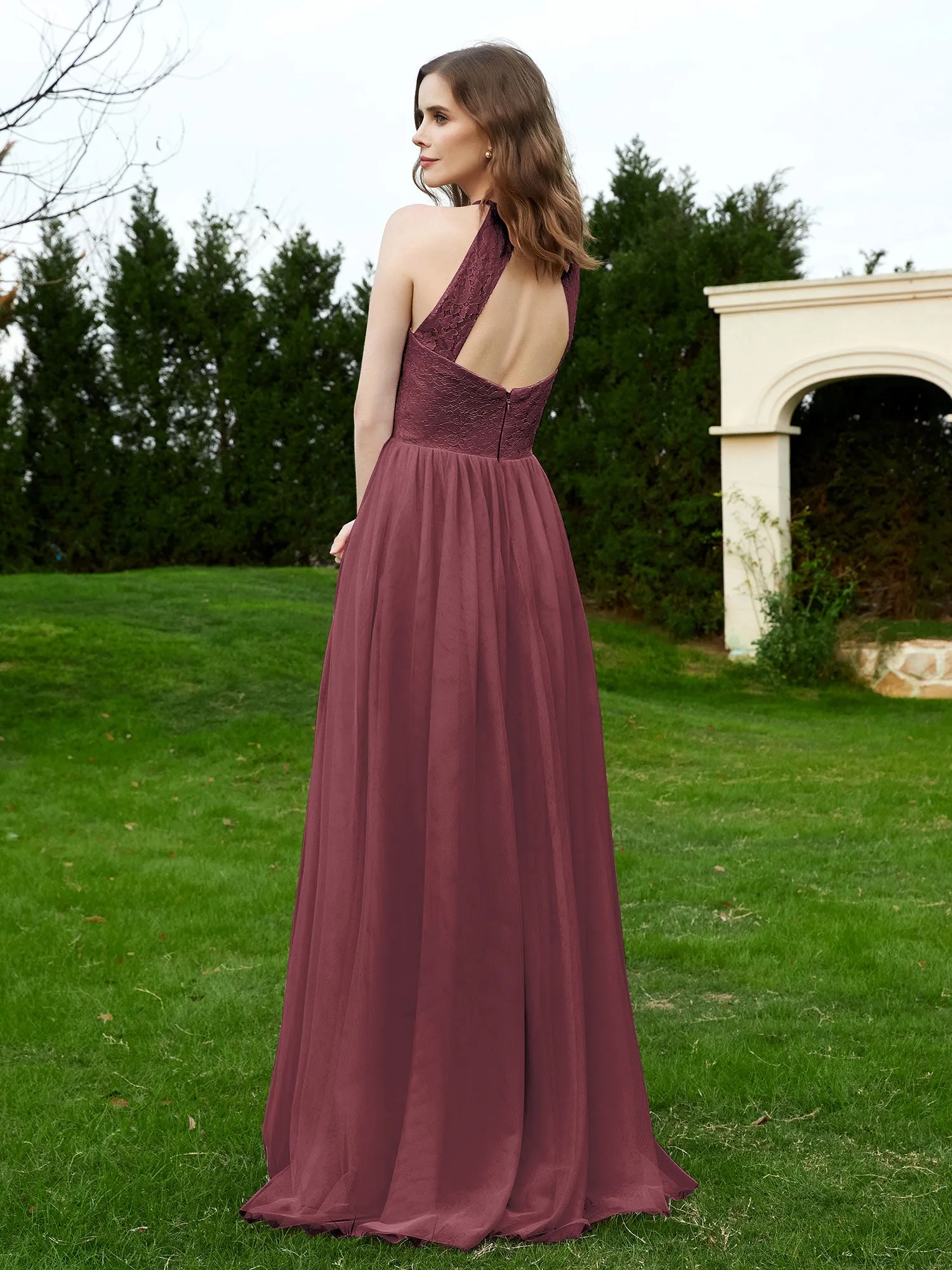 Lace Tulle Bridesmaid Gown Halter Neckline Mulberry Plus Size