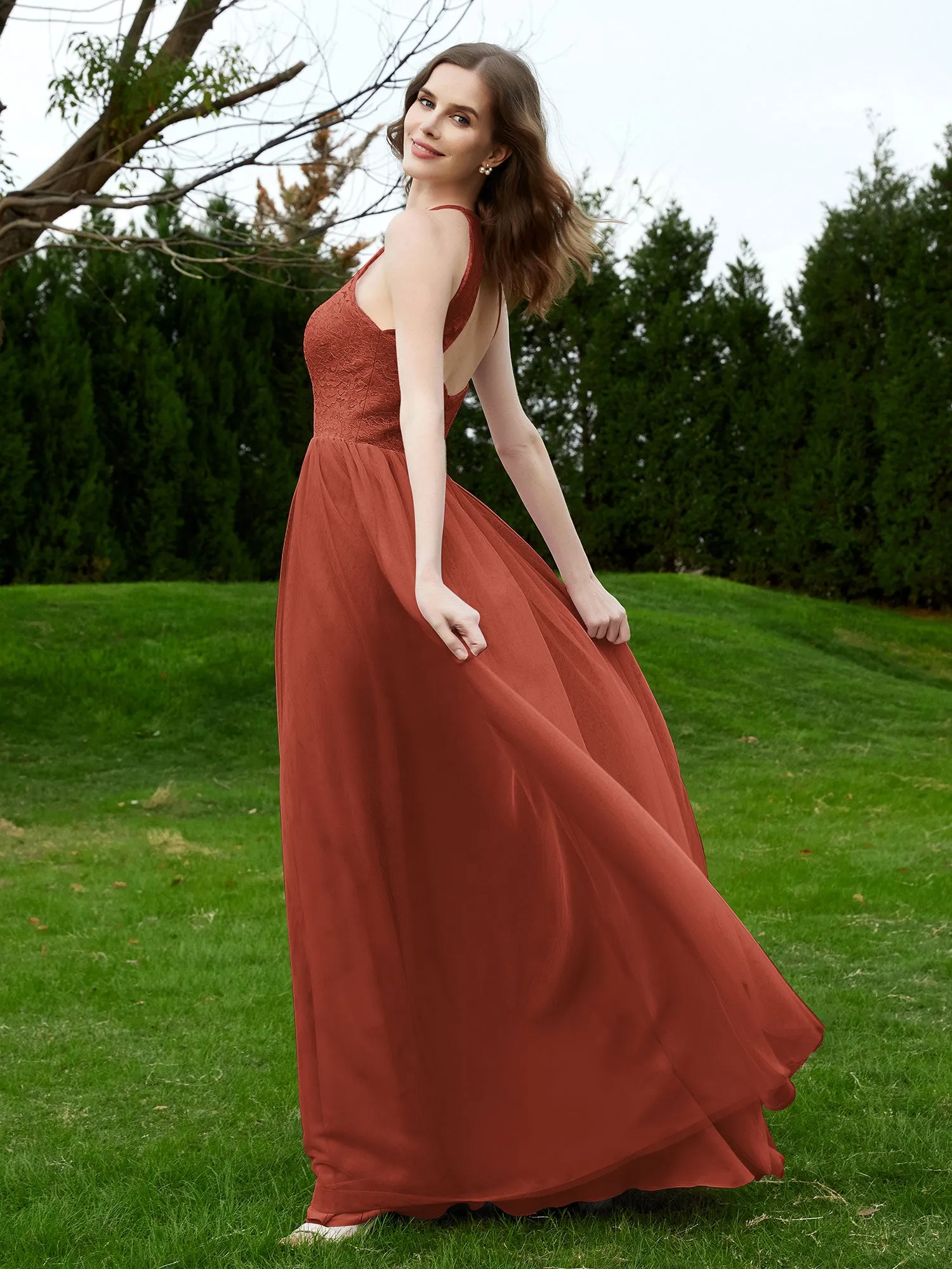 Lace Tulle Bridesmaid Gown Halter Neckline Rust