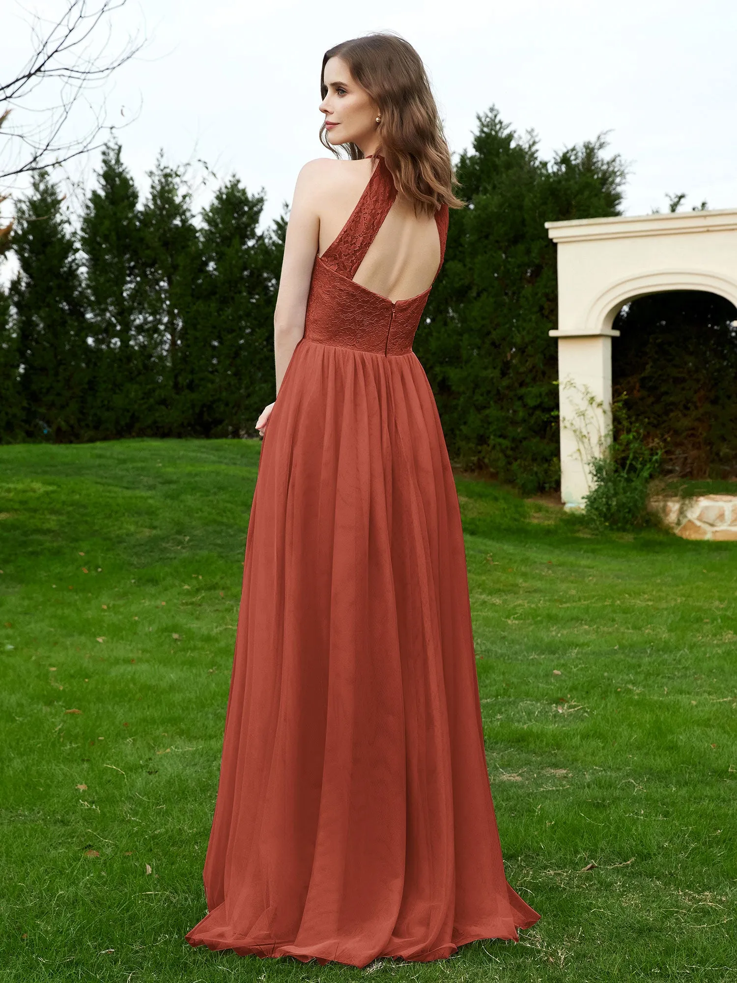 Lace Tulle Bridesmaid Gown Halter Neckline Rust