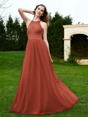 Lace Tulle Bridesmaid Gown Halter Neckline Rust