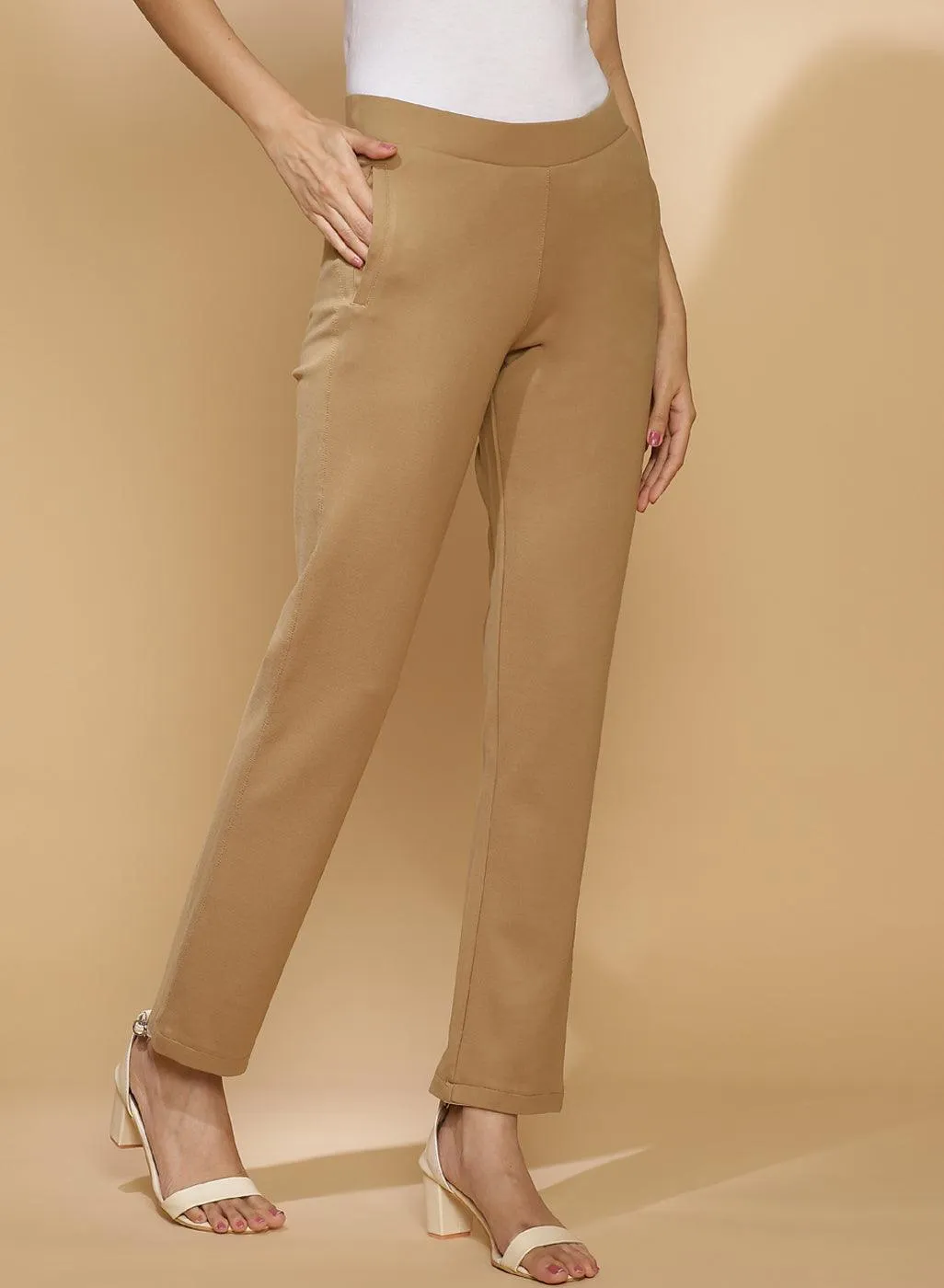 Liah Beige Straight Fit Trousers for Women