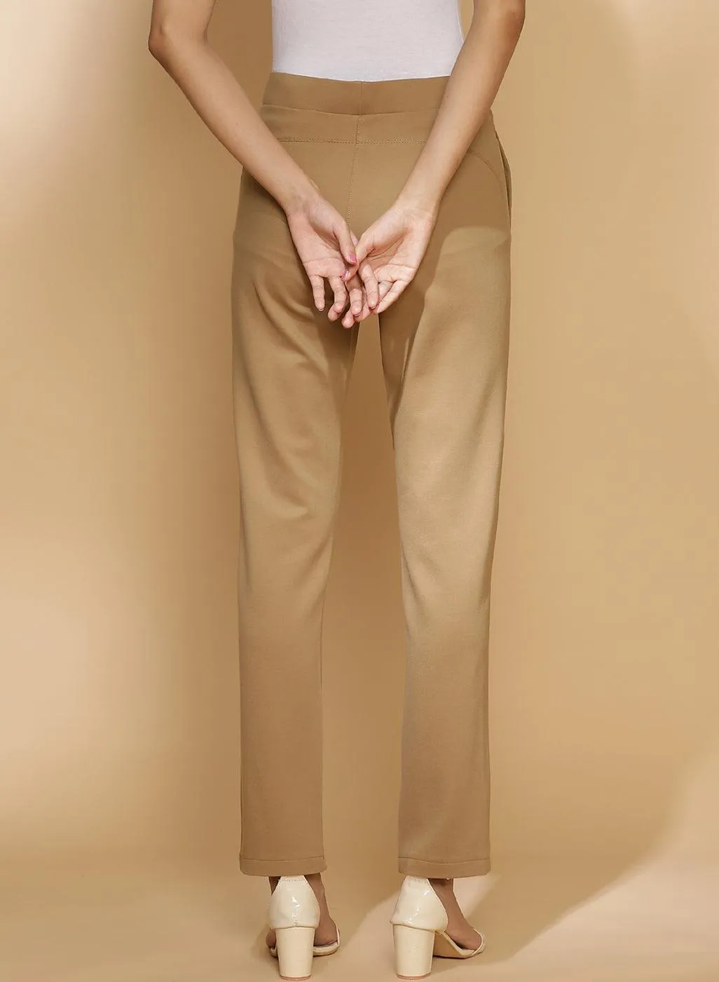 Liah Beige Straight Fit Trousers for Women