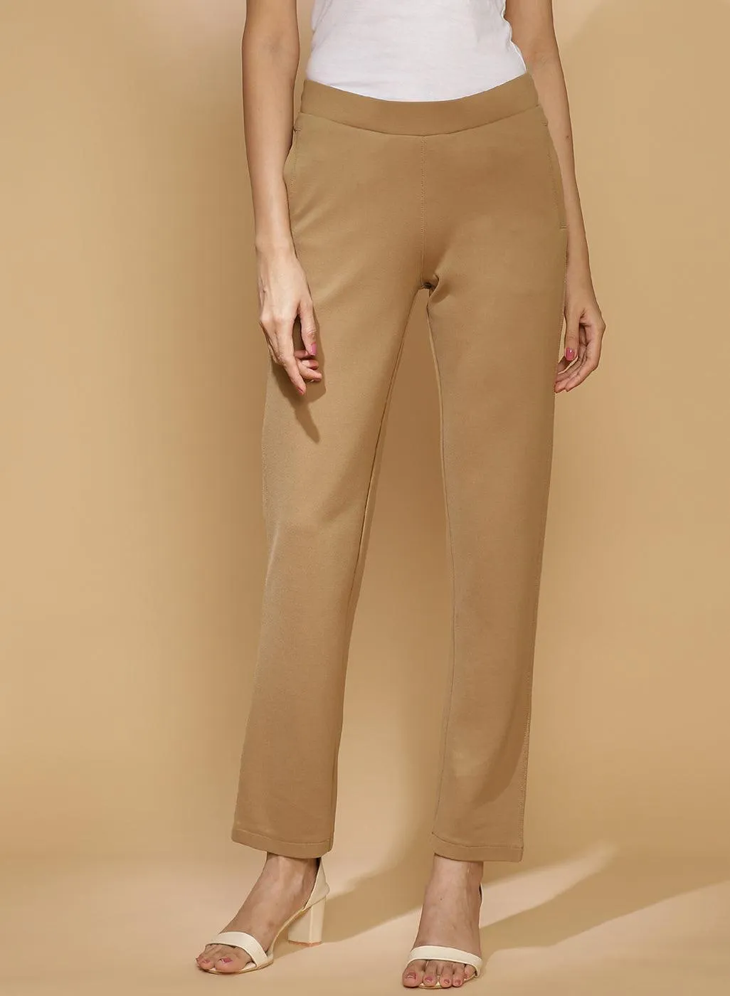 Liah Beige Straight Fit Trousers for Women