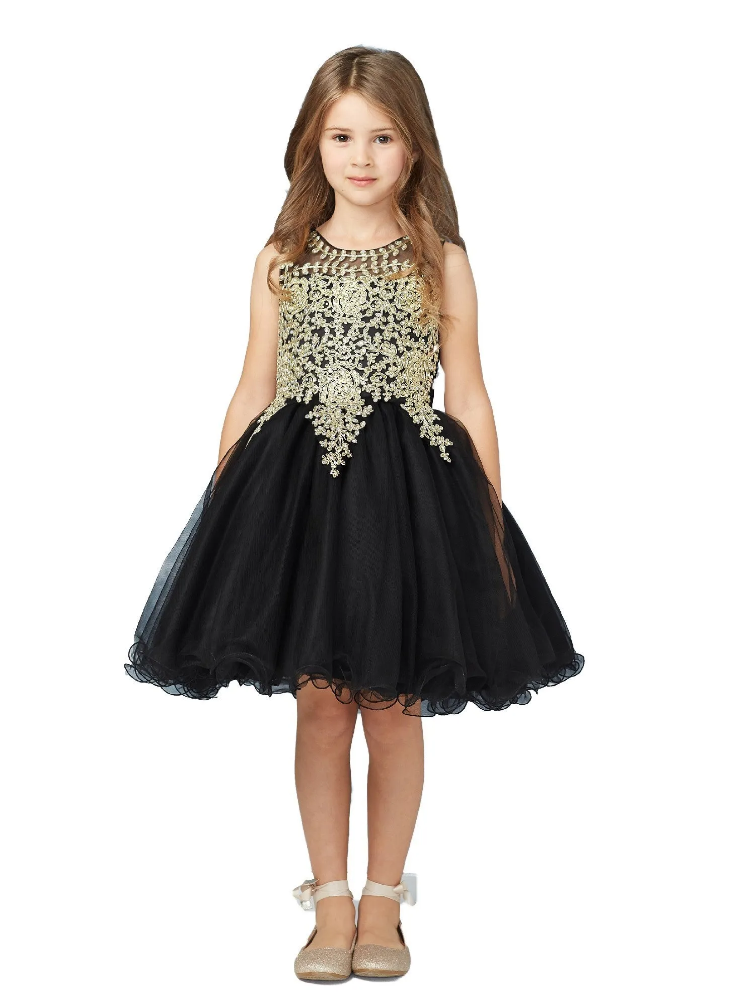 Little Girls Black Gold Lace Tulle Short Pageant Dress 2-6