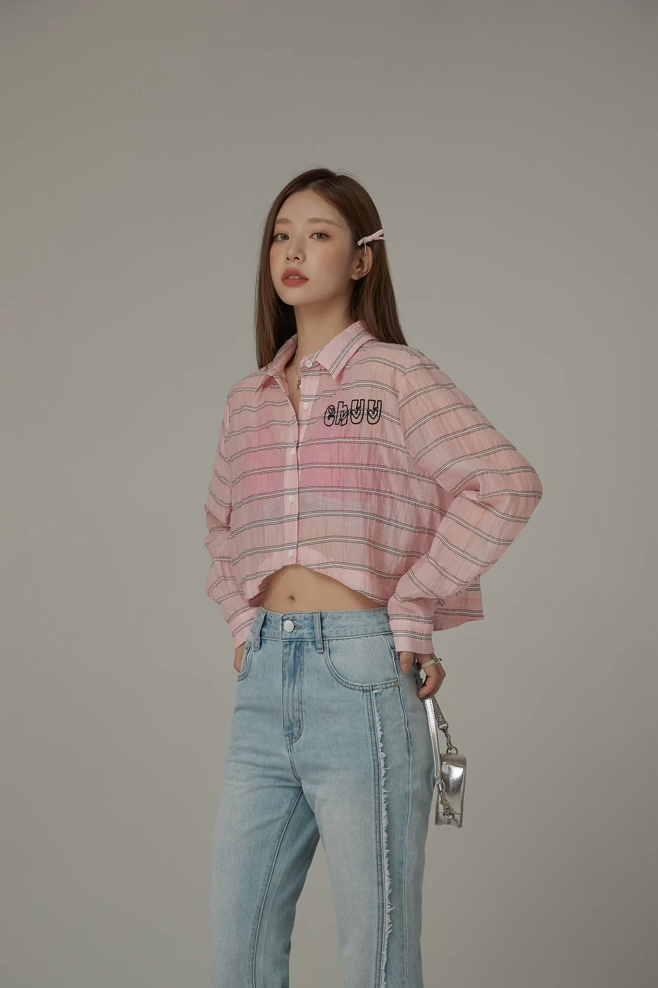 Logo Embroidered Cropped Striped Shirt