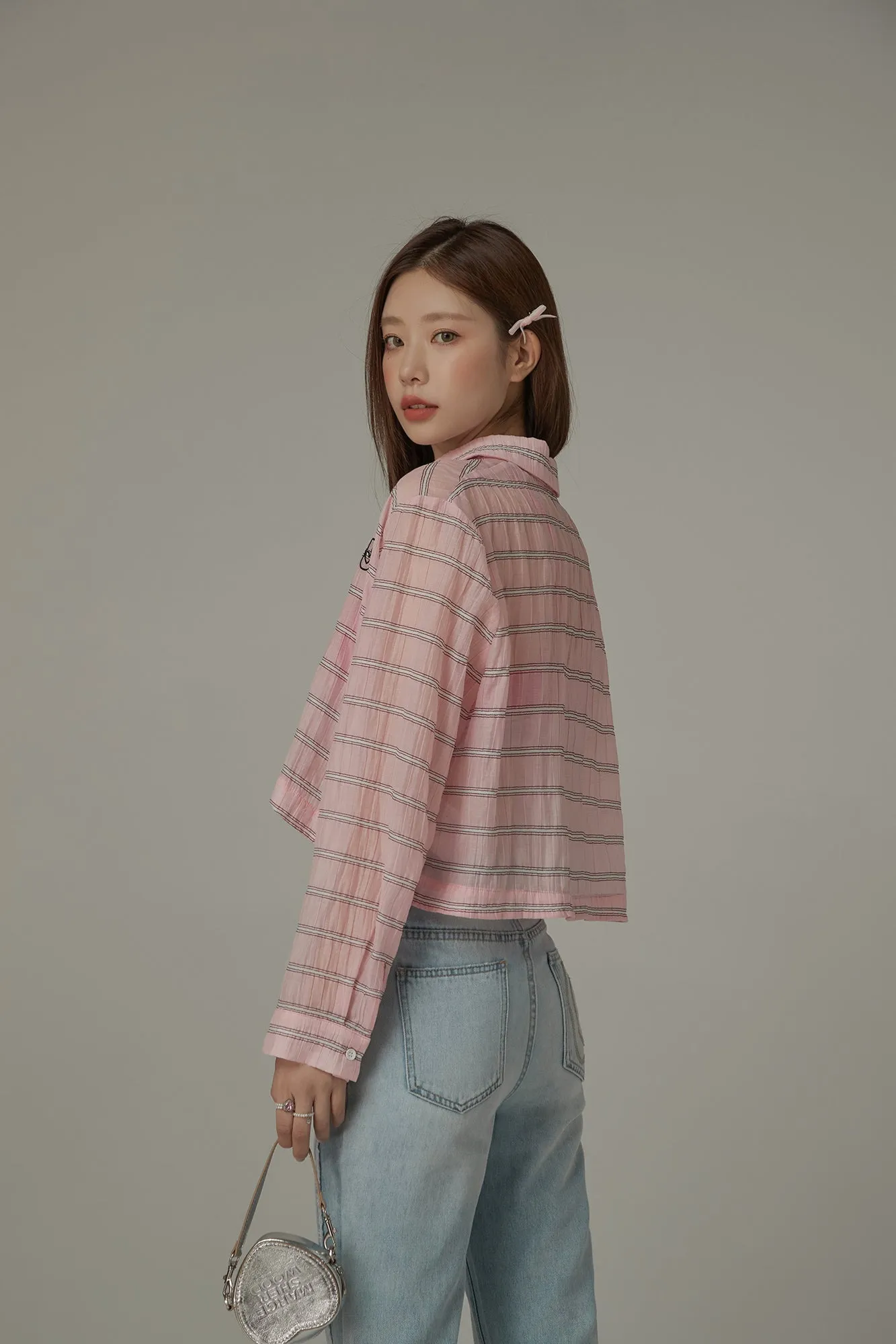 Logo Embroidered Cropped Striped Shirt