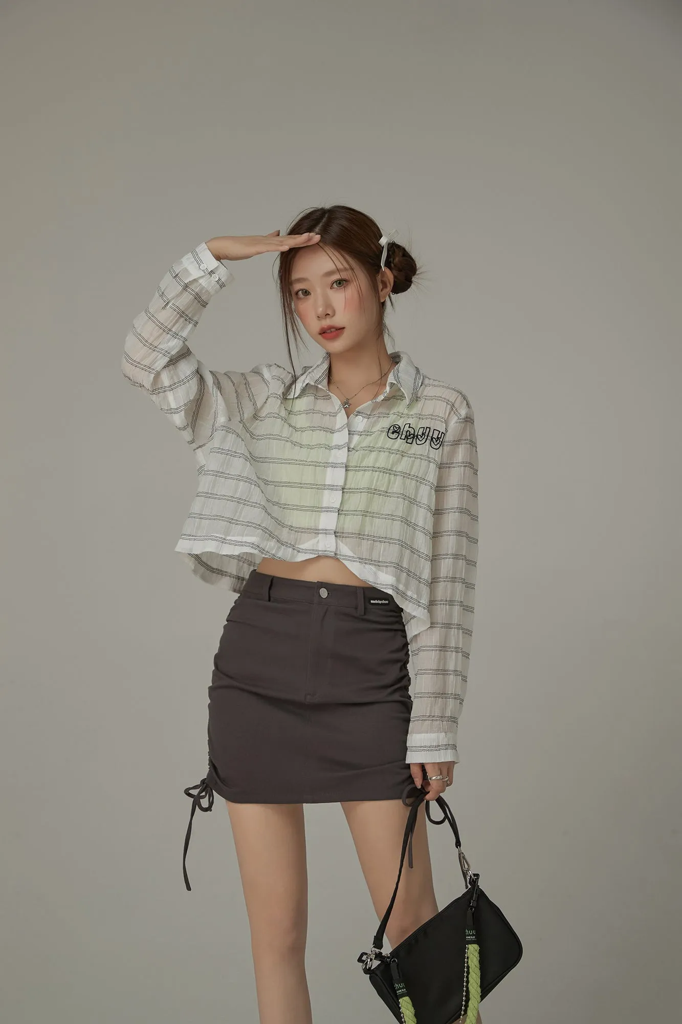 Logo Embroidered Cropped Striped Shirt