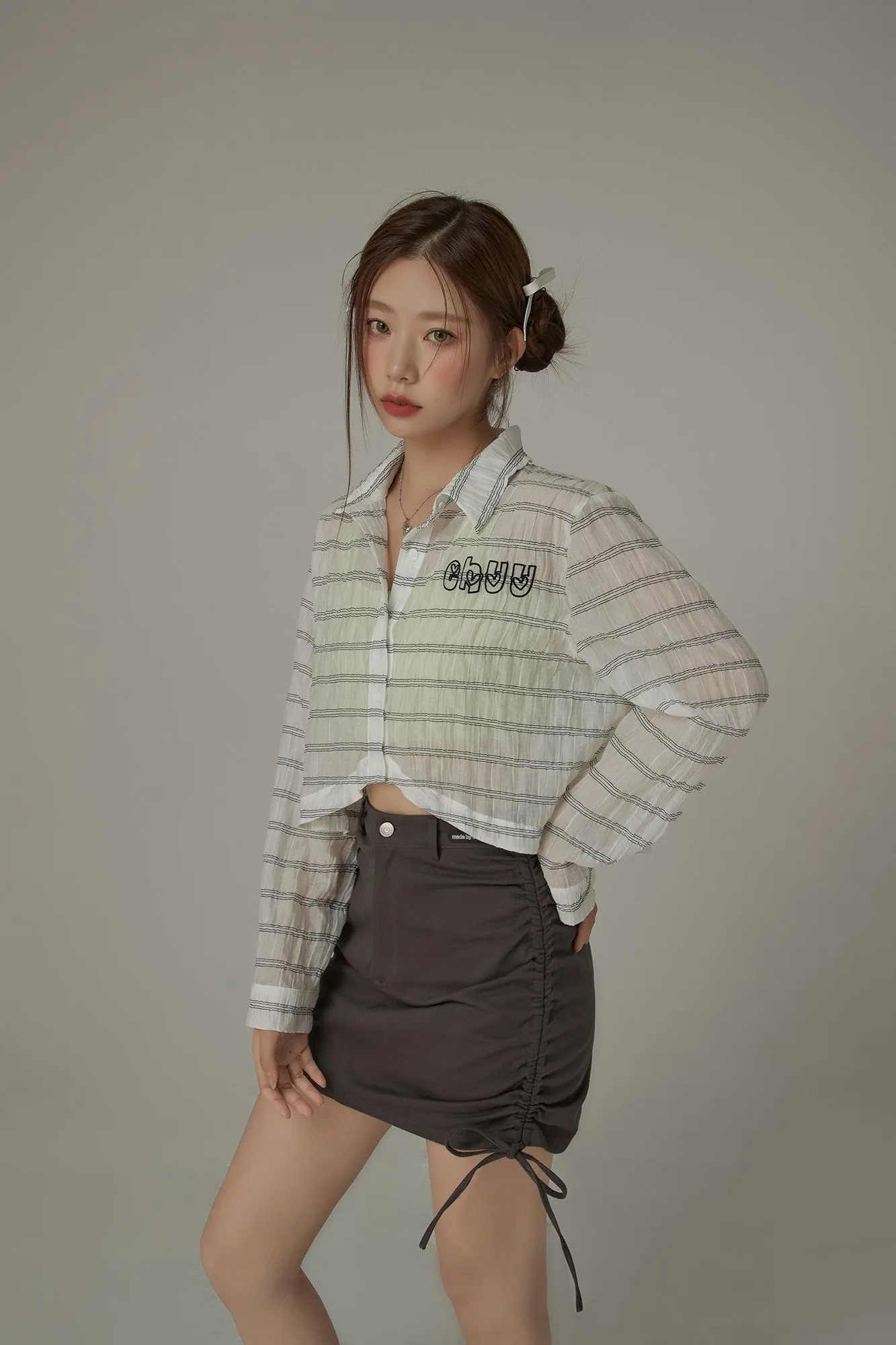 Logo Embroidered Cropped Striped Shirt