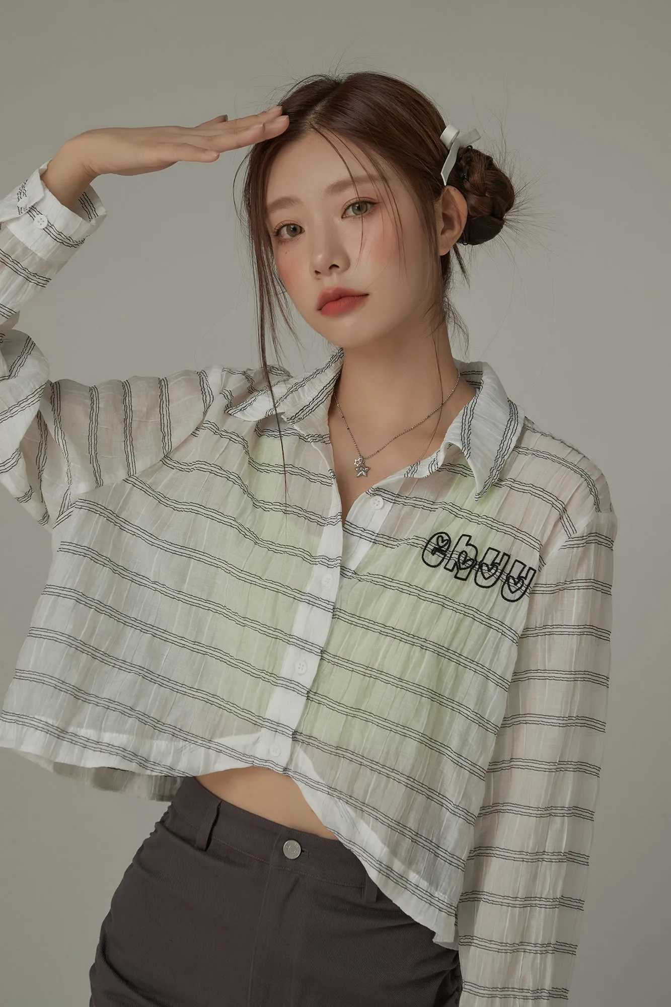 Logo Embroidered Cropped Striped Shirt