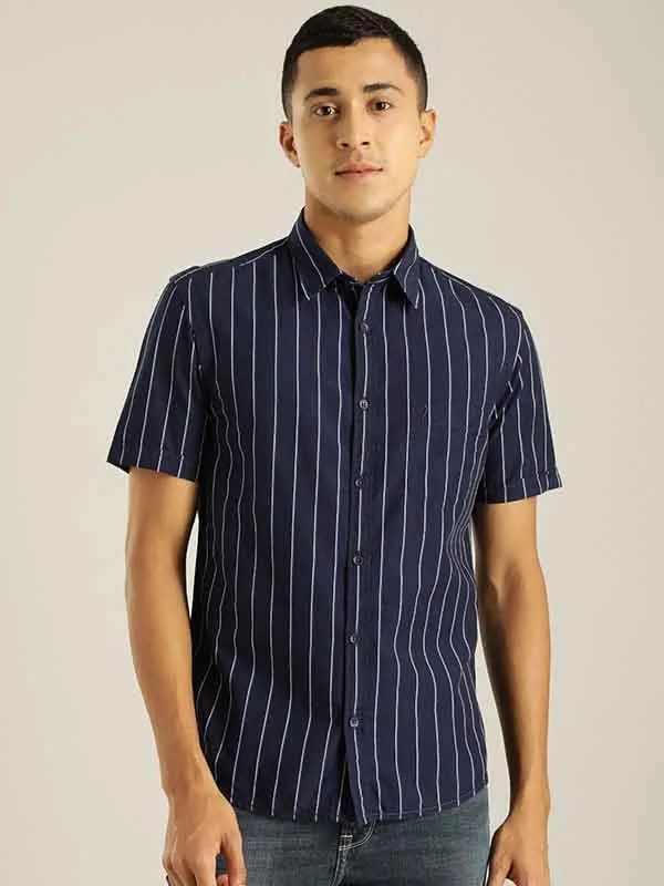 Men Striped Half Sleeve Cotton Stretch Shirt