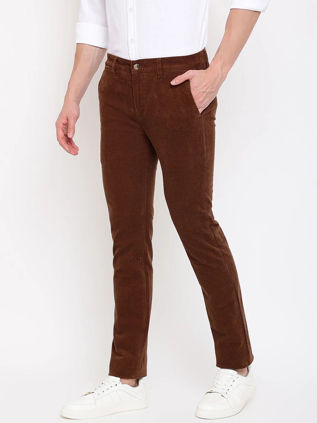 Men's Casual Flat front Brown Corduroy Trousers