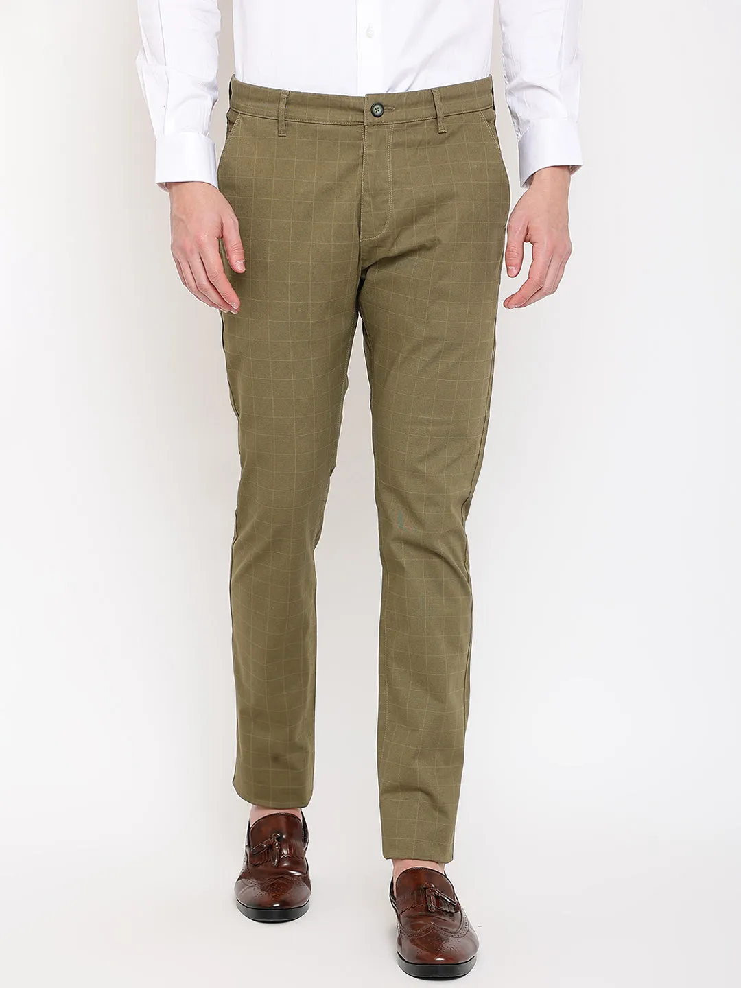 Men's Casual Flat front Olive Green Checks Trousers