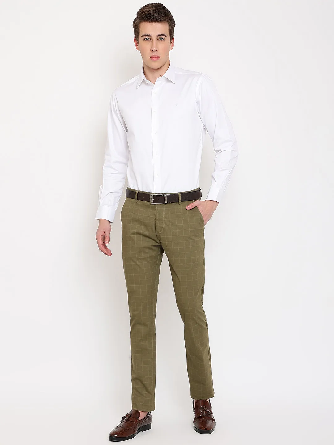 Men's Casual Flat front Olive Green Checks Trousers