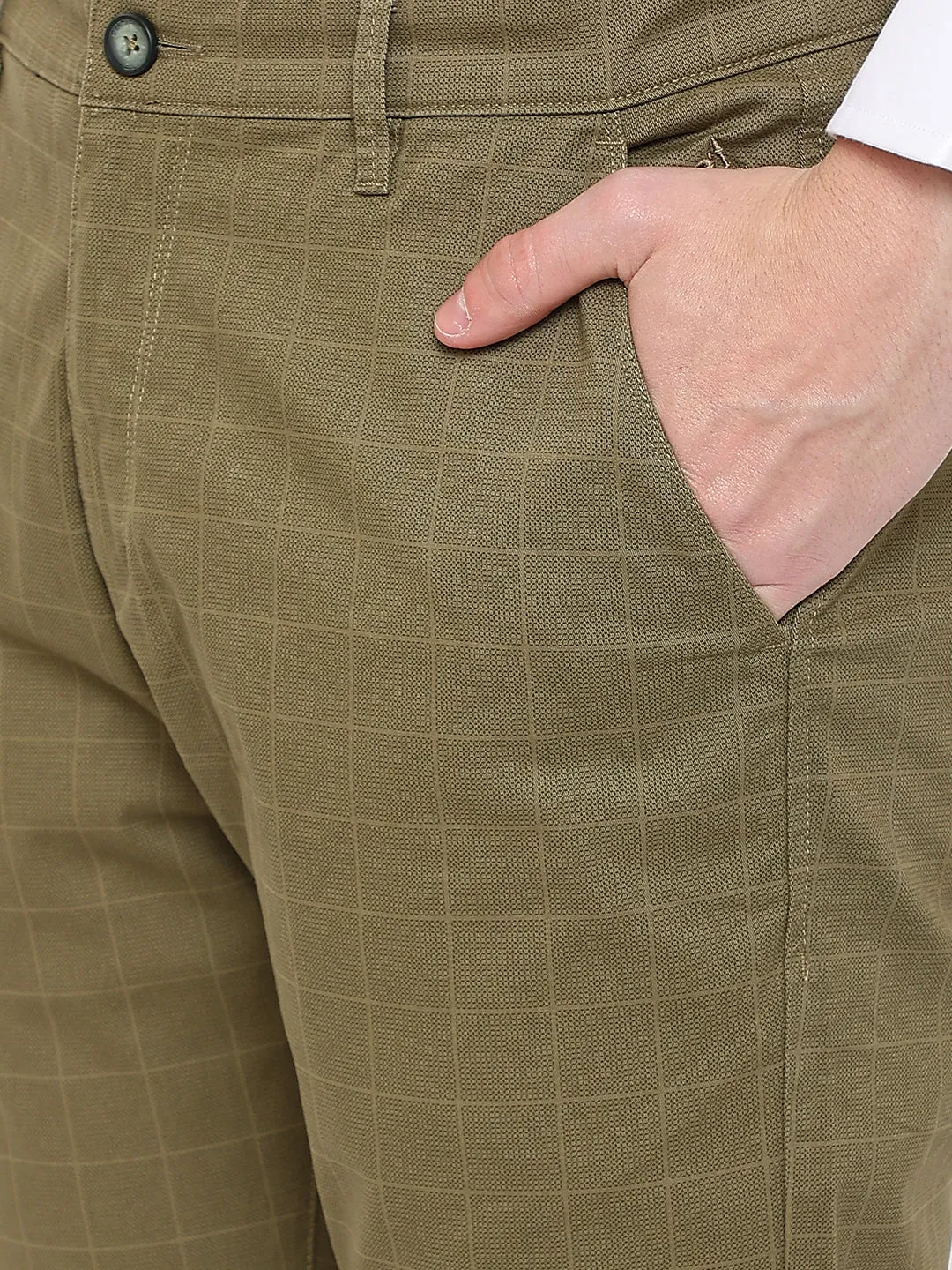 Men's Casual Flat front Olive Green Checks Trousers