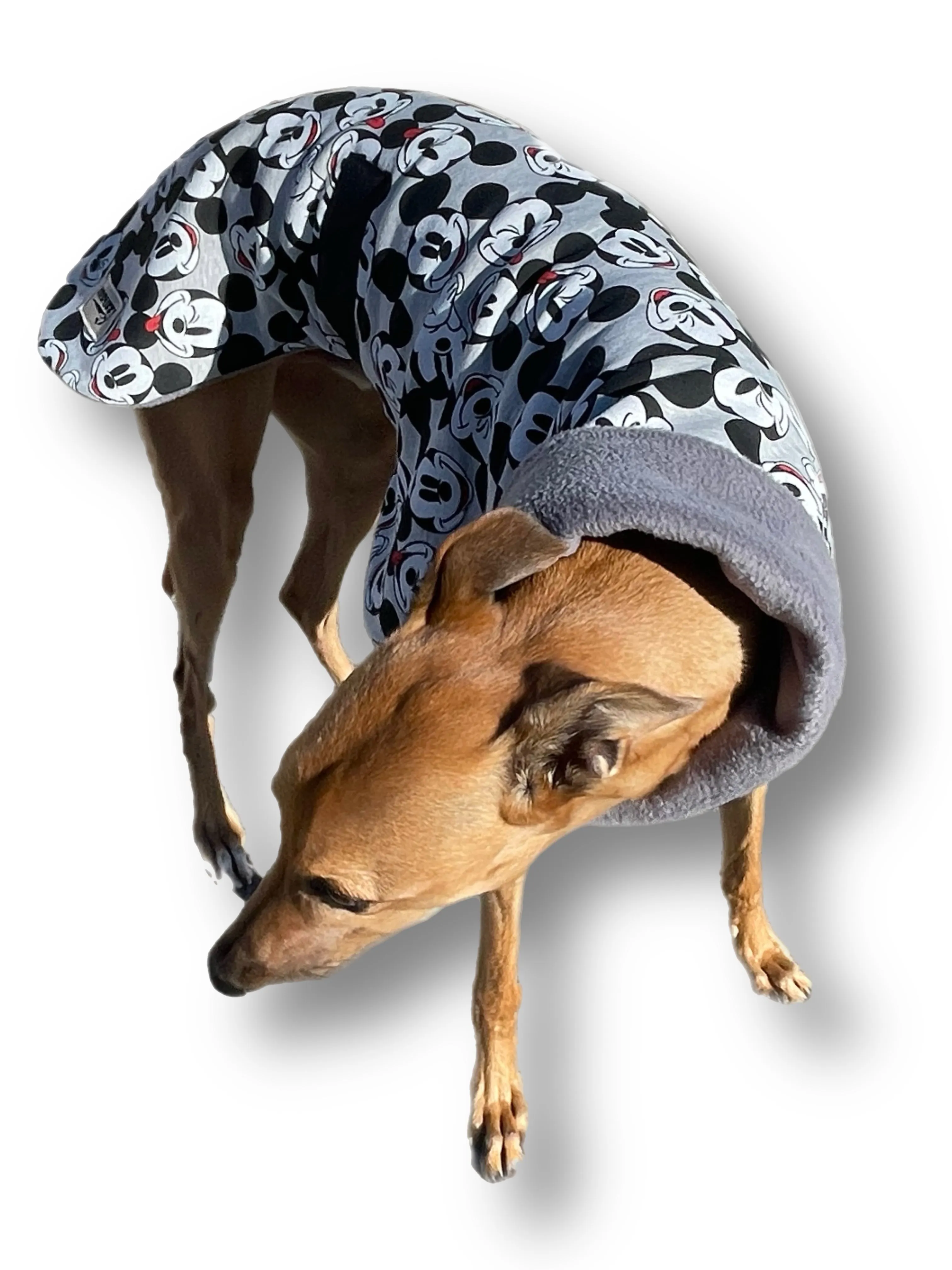 Mickey inspired brushed fleece extra thick deluxe style greyhound coat with snuggly wide neck roll washable