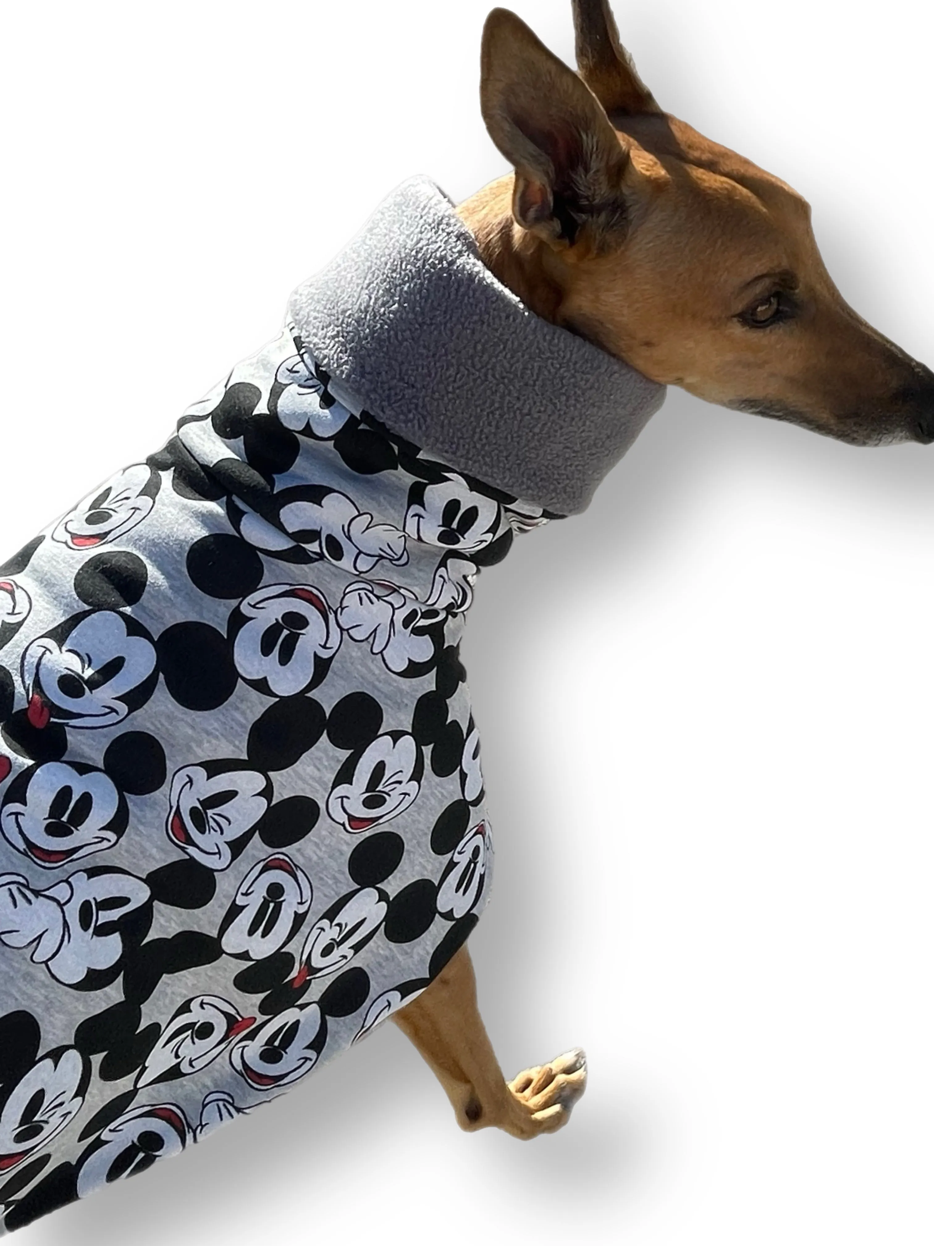 Mickey inspired brushed fleece extra thick deluxe style greyhound coat with snuggly wide neck roll washable