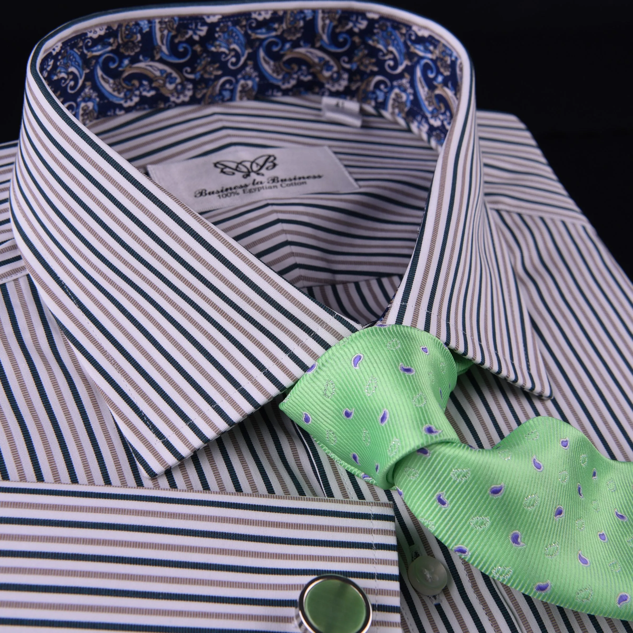 Navy Brown Oxford Striped Formal Dress Shirt Baroque Paisley Lavish Italian Boss in French Cuffs with Spread Collar