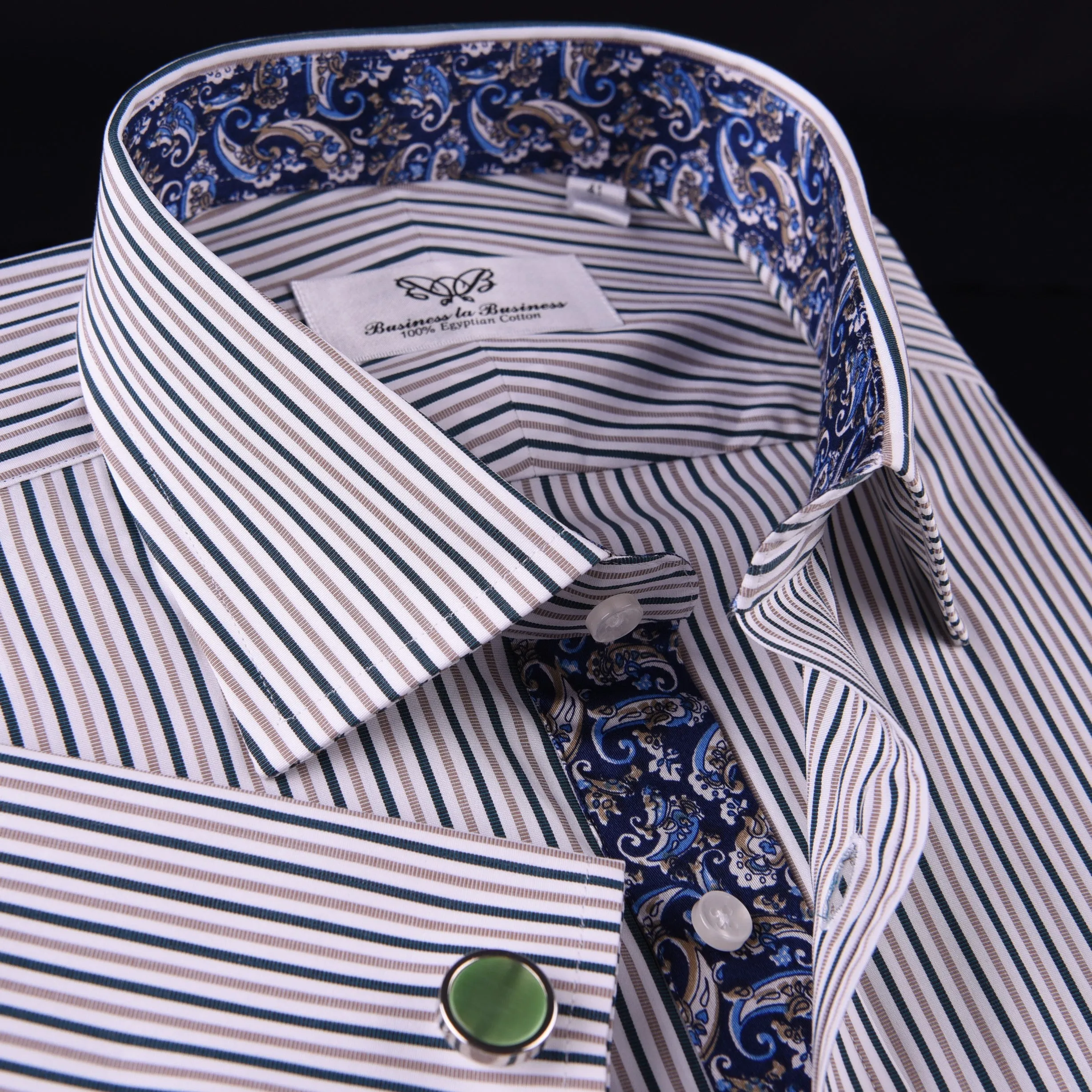 Navy Brown Oxford Striped Formal Dress Shirt Baroque Paisley Lavish Italian Boss in French Cuffs with Spread Collar