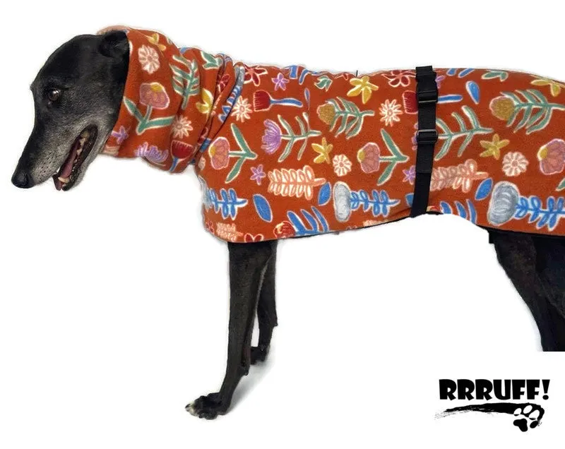 Oops Trend setting greyhound coat in floral harvest double polar fleece washable