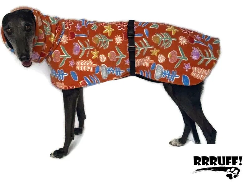 Oops Trend setting greyhound coat in floral harvest double polar fleece washable