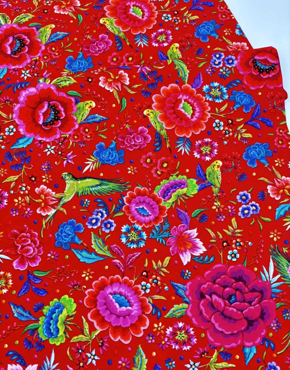 Parakeets and Peonies Red Organic Cotton Jersey Fabric, Odile Bailloeul