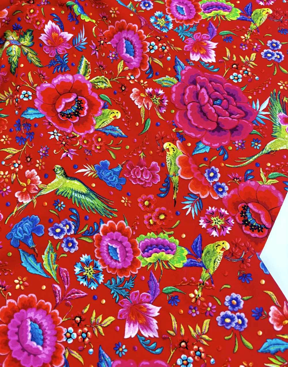 Parakeets and Peonies Red Organic Cotton Jersey Fabric, Odile Bailloeul