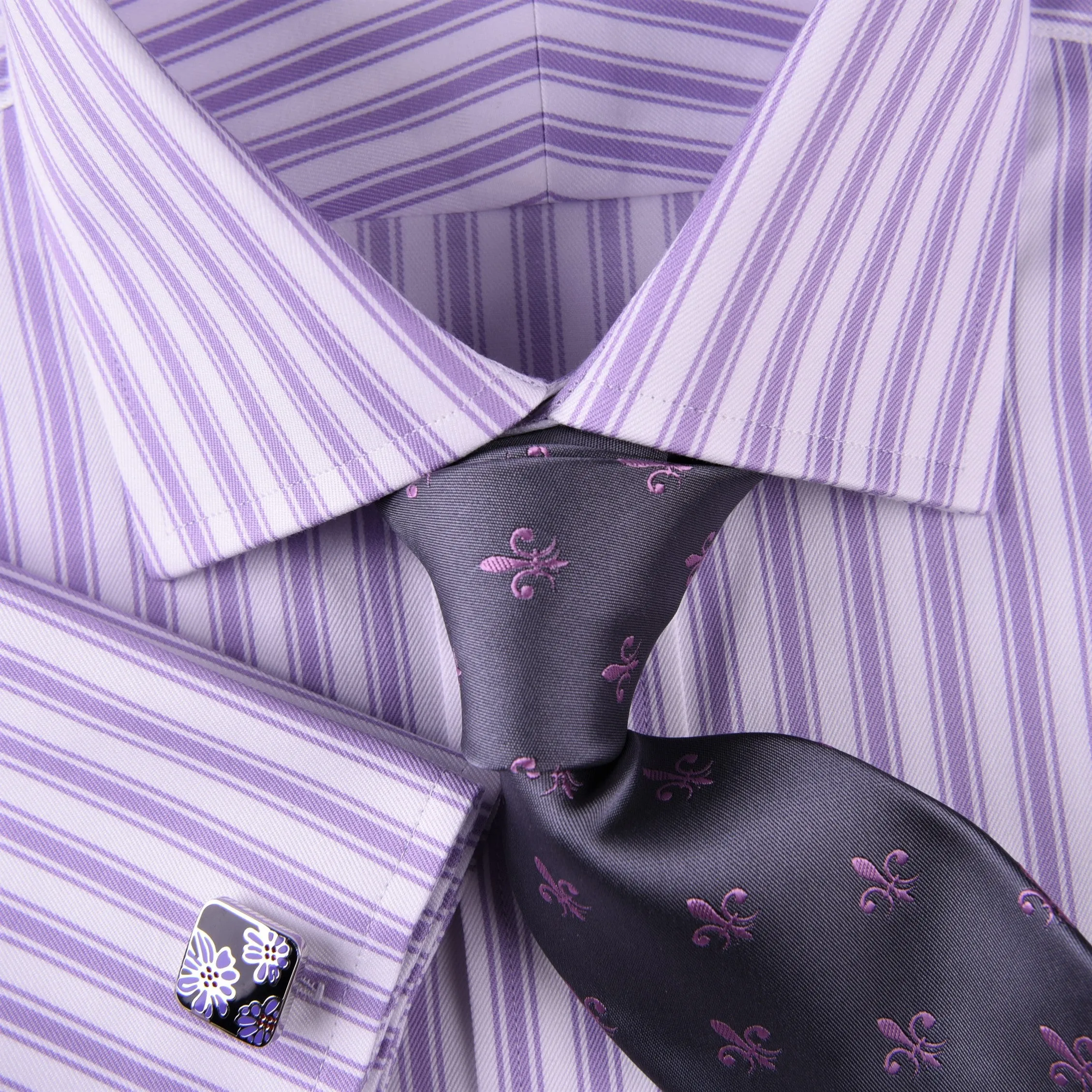 Purple Dual Striped Men's Twill Formal Dress Shirt Luxury Business Boss Fashion in French Cuff with Spread Collar