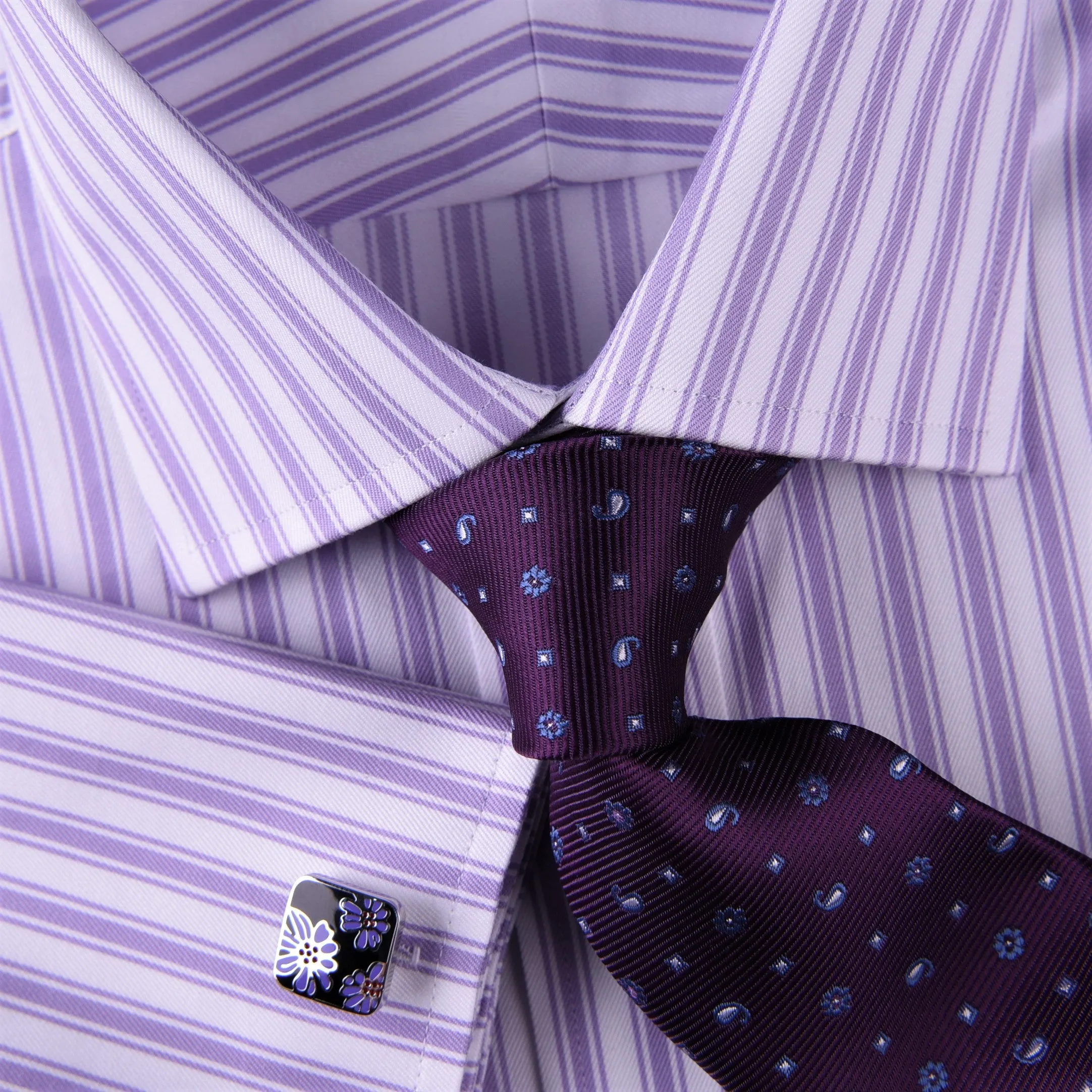 Purple Dual Striped Men's Twill Formal Dress Shirt Luxury Business Boss Fashion in French Cuff with Spread Collar